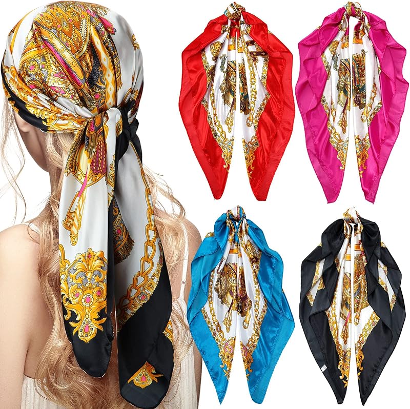 Honoson 4 Pcs 35 Inch Satin Head Scarf Bandanas for Women