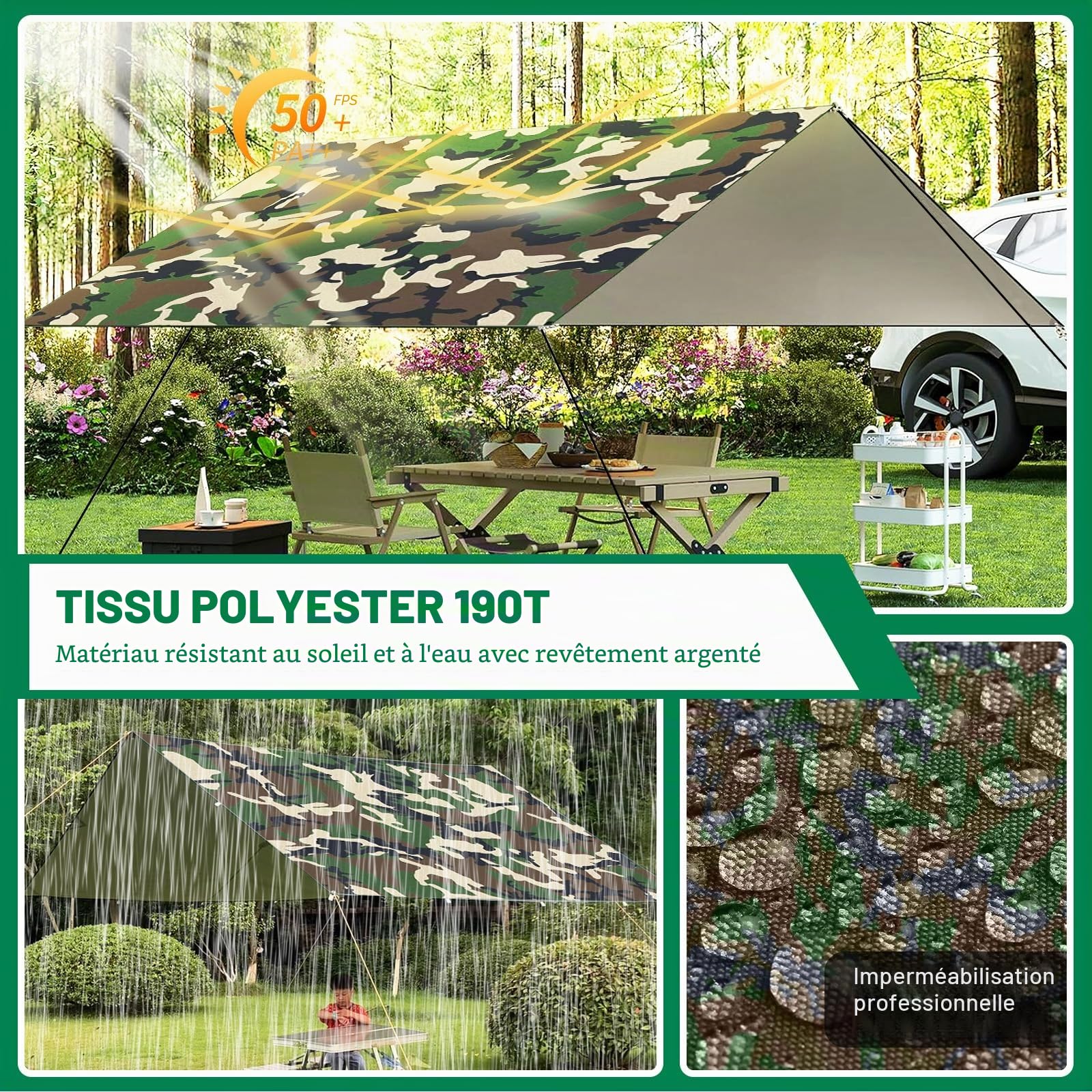 3x3M Camping Bâche, Tarp Ultra Léger, Tarp Bivouac Anti UV Ripstop, avec Oeillets, 6 Piquets en alu, 6 Cordes, pour Bivouac, Randonnée, Trekking, Hamac, Auvent Van Fourgon