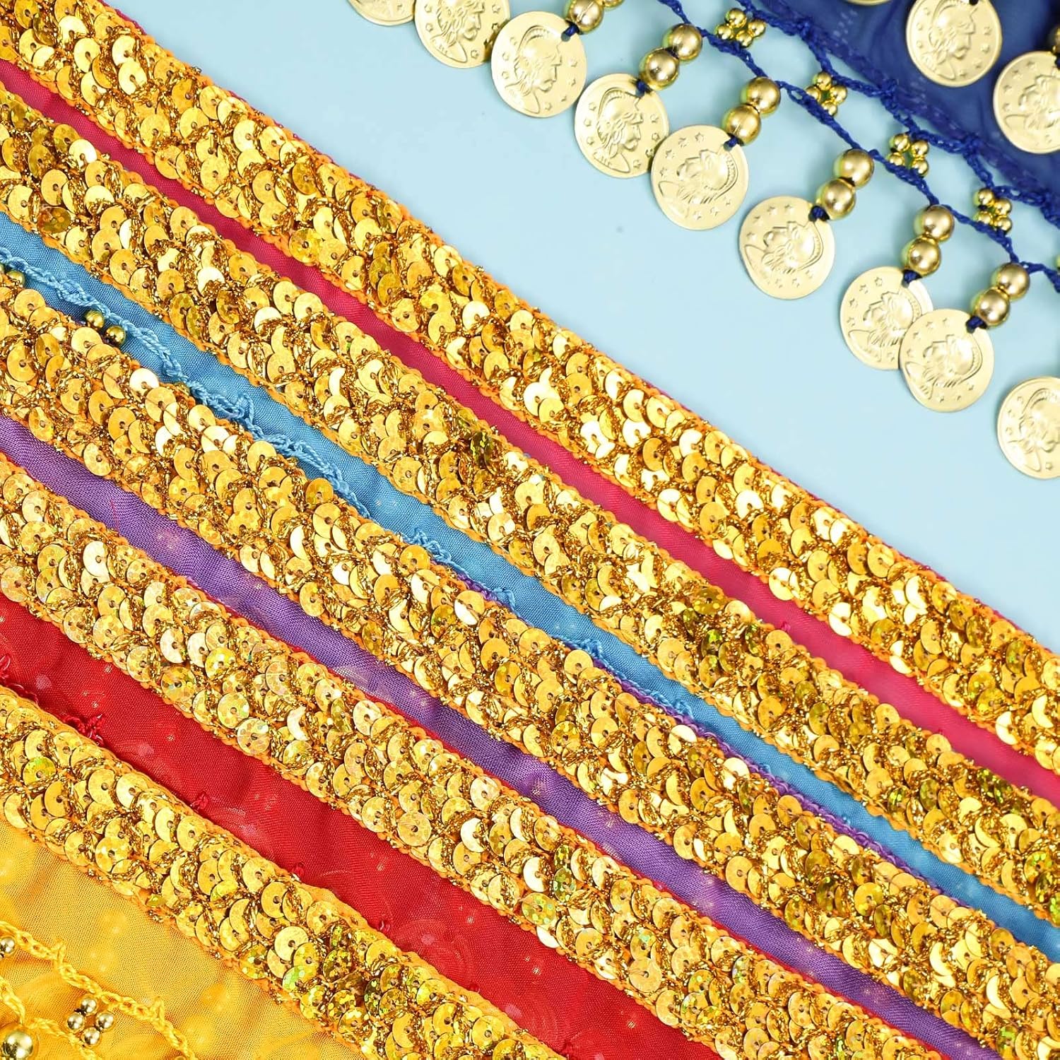 Zhanmai 12 Pcs Belly Dance Hip Scarf Belt with 98 Coins Belly Dancing Skirt Chiffon 12 Colors Dancer Hip Scarves - Image 6