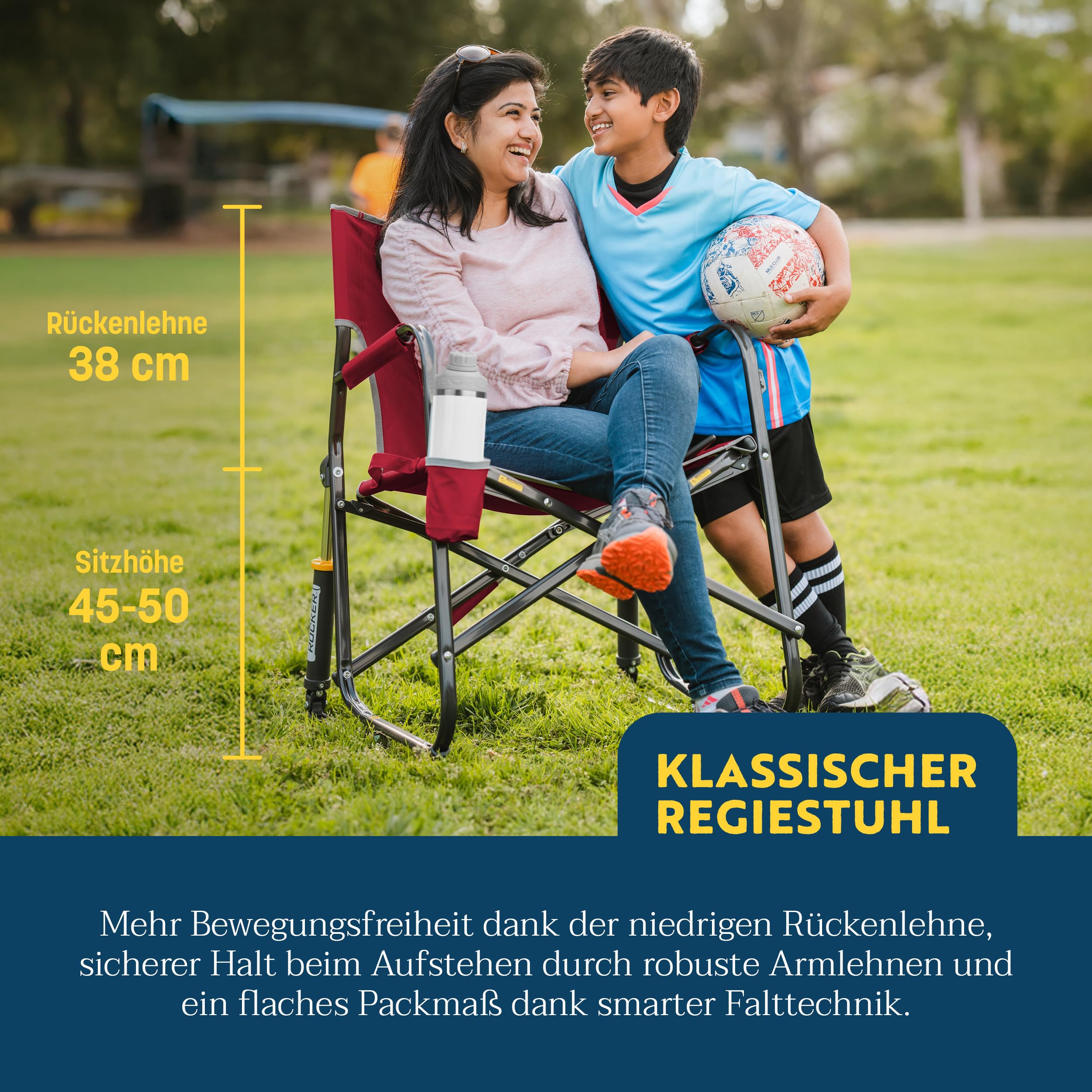 GCI Outdoor – Freestyle Rocker – Faltbarer Regiestuhl mit patentierter Schaukelfunktion – Hohe Sitzposition für einfaches Aufstehen – bis 130kg belastbar - stabile Armlehnen & Getränkehalter – Rot