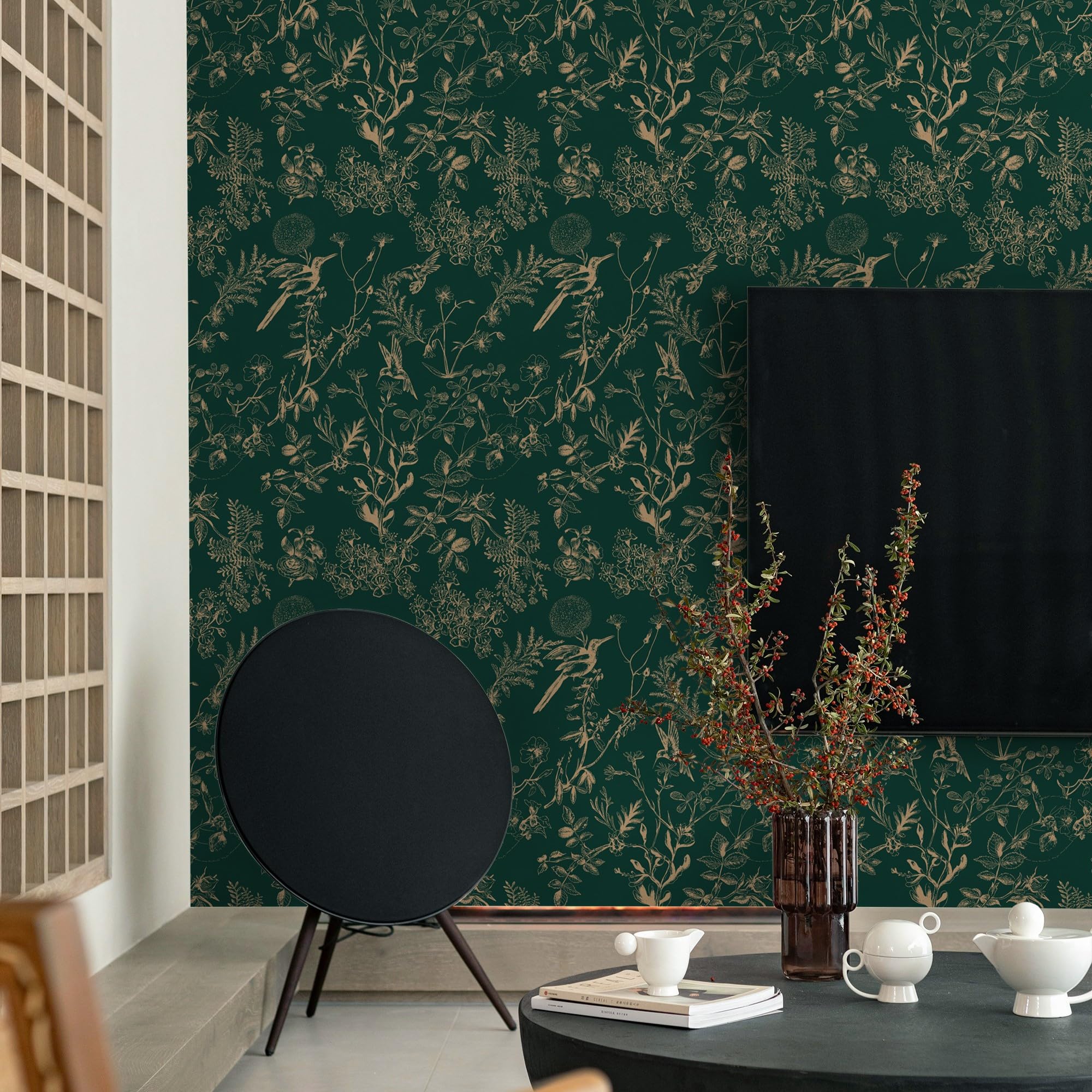 Timeet Selbstklebende Tapete Grün 41x1000cm Klebetapete Selbstklebend Vintage Möbelfolie Pflanze Vögel Blumen Blätter Vinyl Wasserdichte Klebefolie für Schlafzimmer Wohnzimmer Küche Wand Möbel