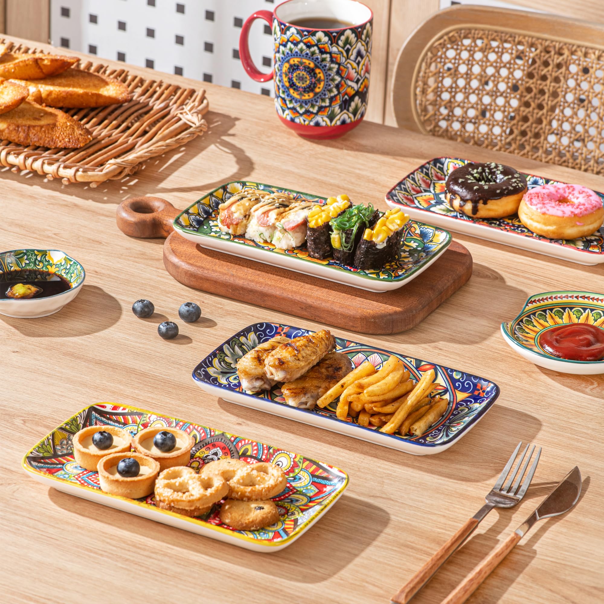 Henten Home Set di Piatti da Portata in Porcellana, Piatti Rettangolari 6 Pezzi, Piatti Piani Boemia per Sushi, Dessert, Spuntino, Antipasto - 20.5 x 11 cm