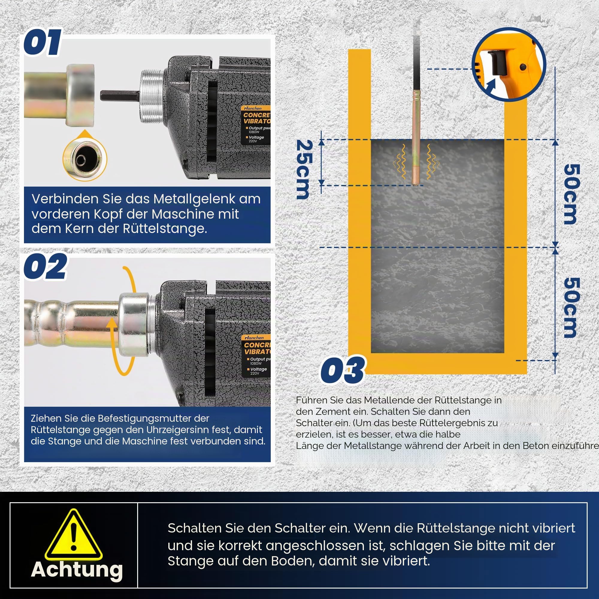 Hanchen Betonvibrator 1080W Betonrüttler elektrischer gewerblicher Flaschenrüttler für den Bau Beton Verdichten (mit 1,5m Schlauch)