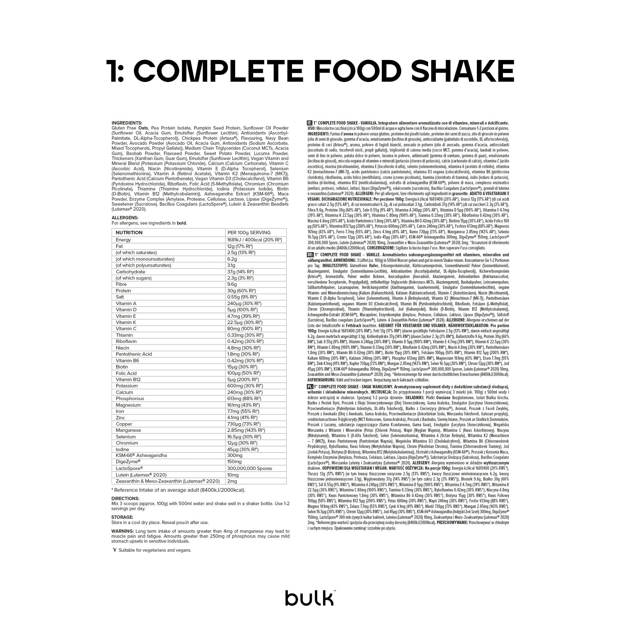 Bulk 1 Complete Food Shake, Sostituto completo del pasto, vegano, Vaniglia, 3kg, 30 porzioni