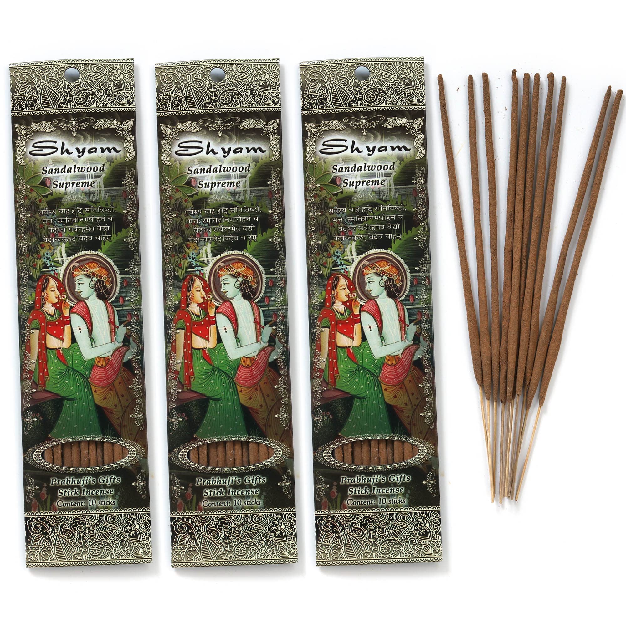 Shyam Hand-Rolled Spiritual Incense Sticks from India - Aromatic Sticks - for Meditation, Yoga, Relaxation, & Aromatherapy Incense - Sandalwood Supreme - 3 Packs of 10 Sticks