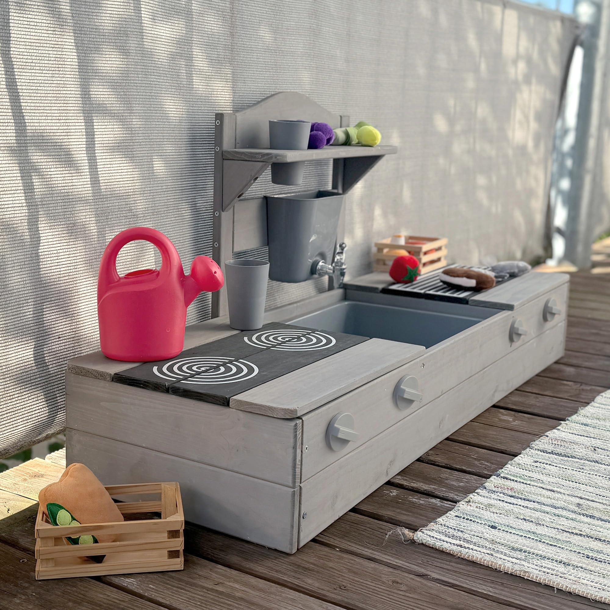 roba Bac à Sable 2 en 1 & Cuisine de Jeu pour Enfants - Certifié FSC® - avec Accessoires - Cuisine Compacte pour Balcon & Jardin - Gris