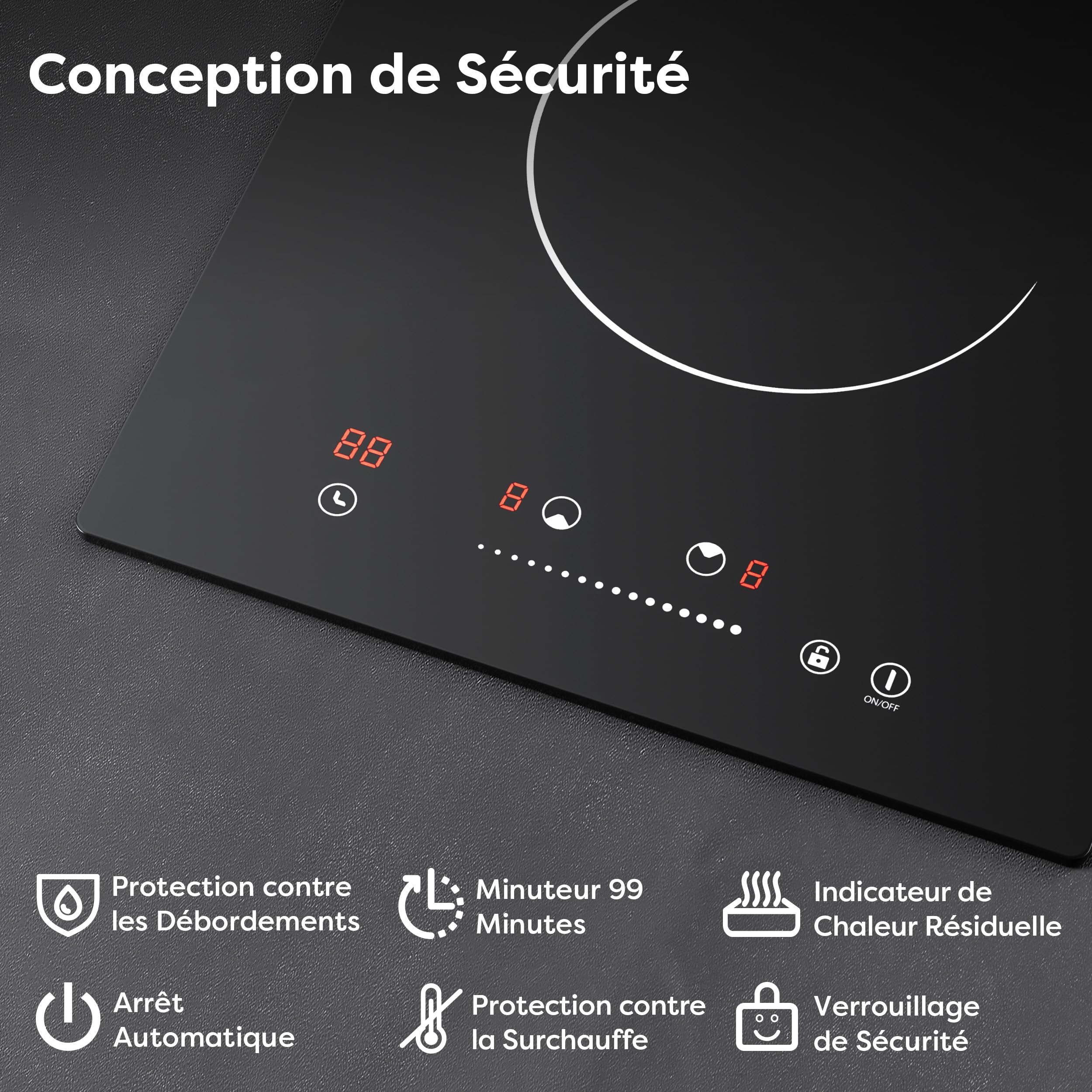 Plaque Vitrocéramique 2 Feux 3000W Encastrable 30CM 9 Niveaux Puissance Minuteur Verrou Sécurité