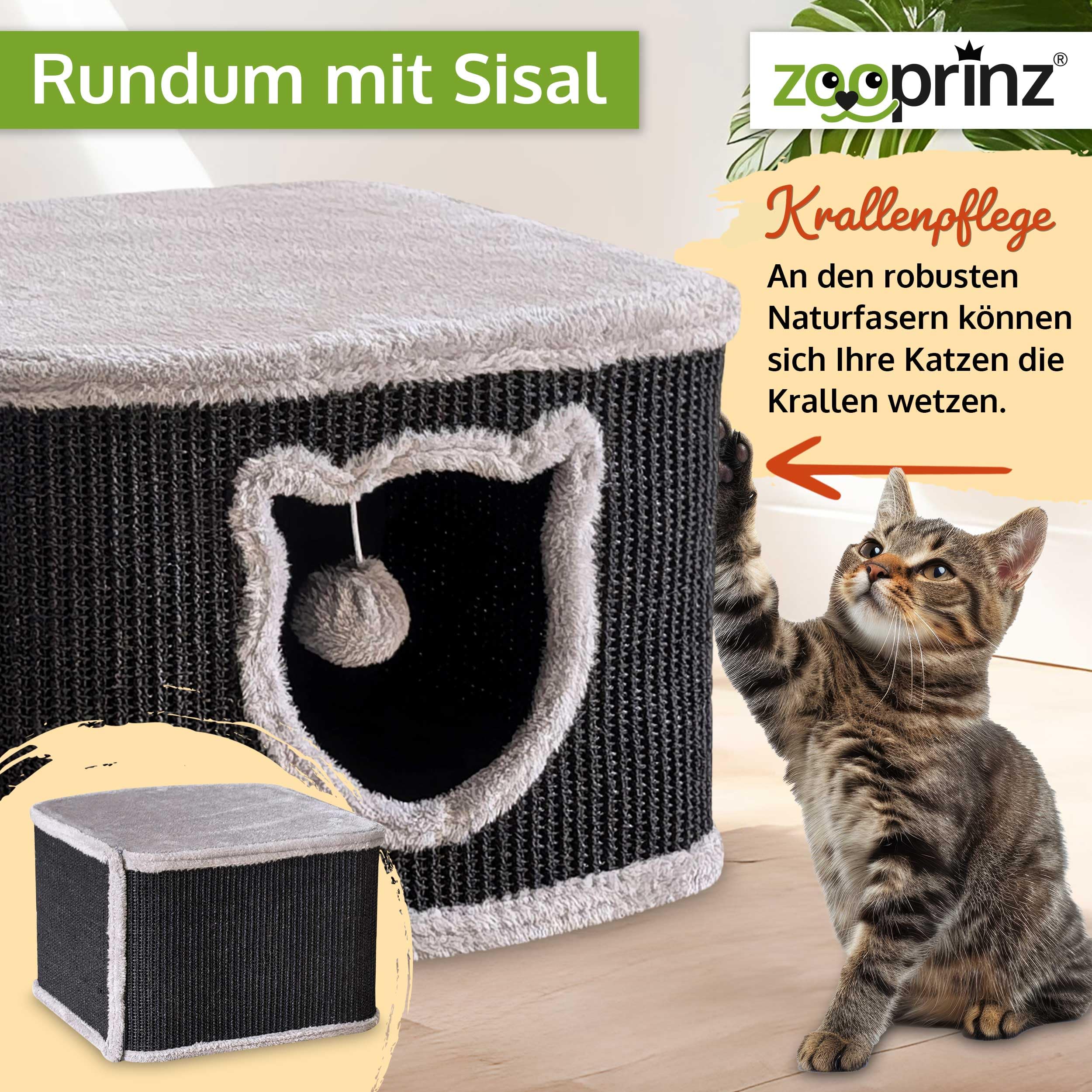 zooprinz Katzenhaus schwarz mit Sisal-Wänden und Plüsch | Katzenkorb und Katzenhöhle mit Spielball, Katzenbox und Katzenkiste im skandinavischen Look