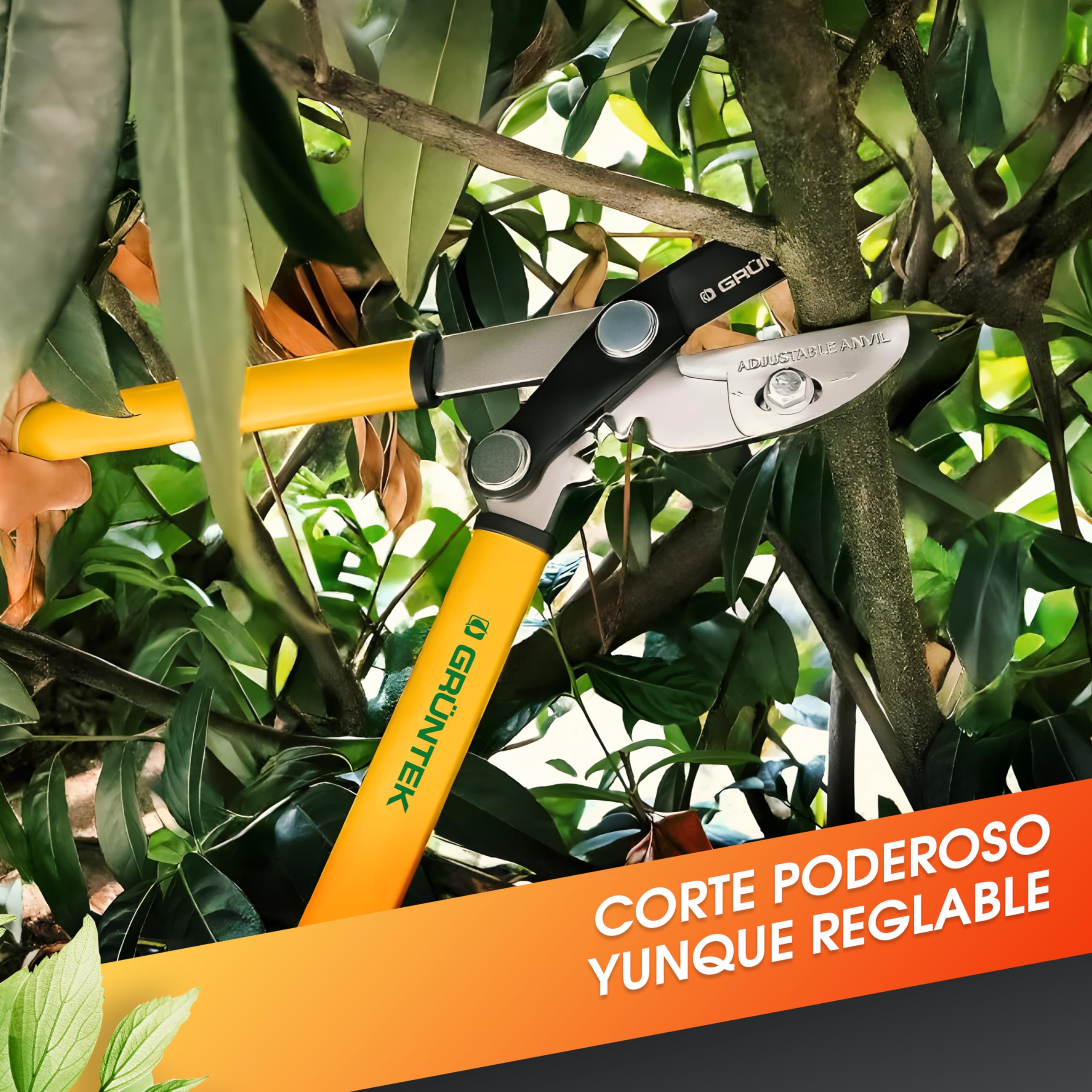 GRÜNTEK Tijeras de podar dos manos para jardineria GRIZZLY 47cm. Cortarramas con doble engranajes de corte