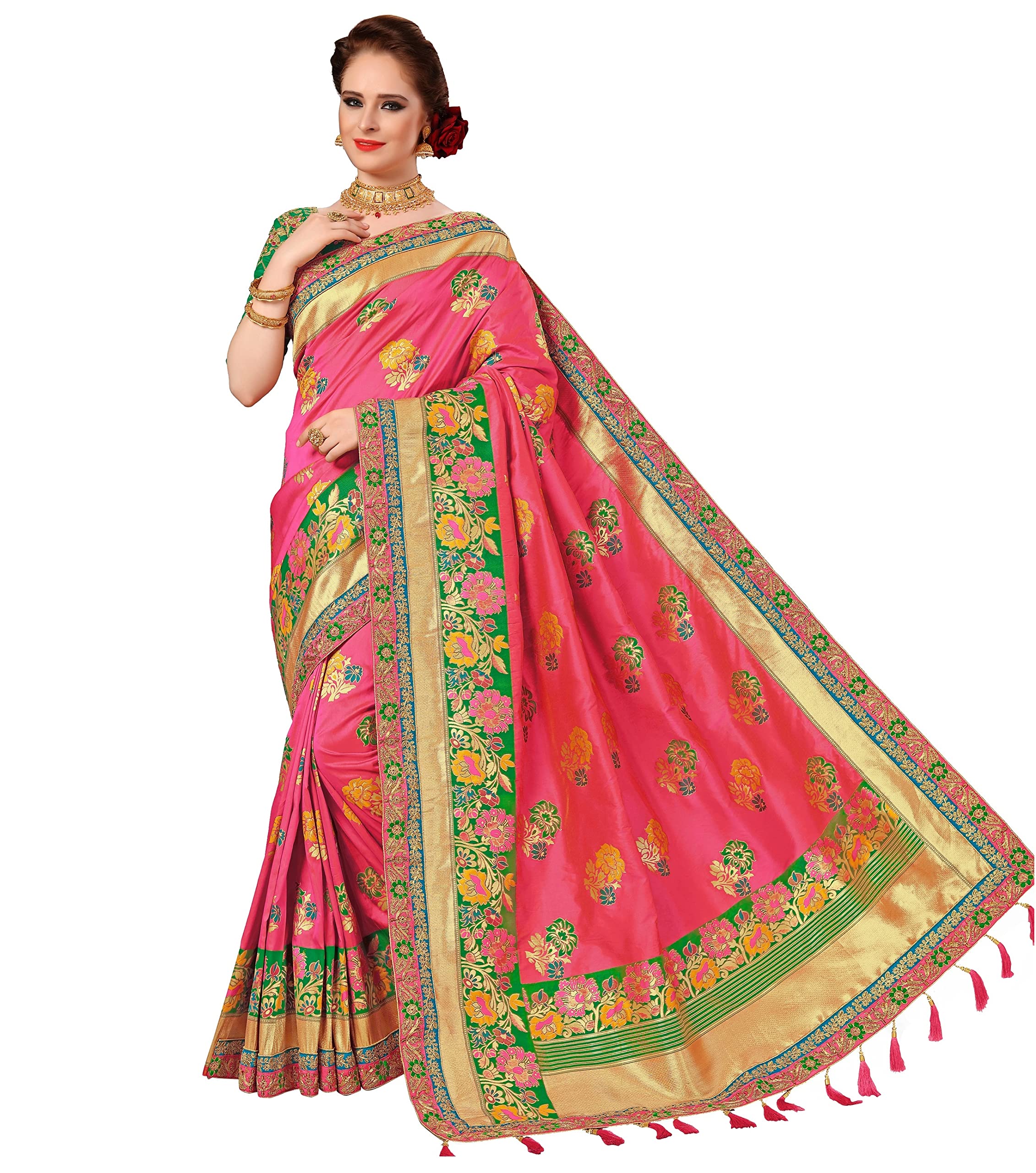 Panash Trends Women's Banarasi Silk Blend Zari Woven Work With Tussles Saree and Unstitched Blouse
