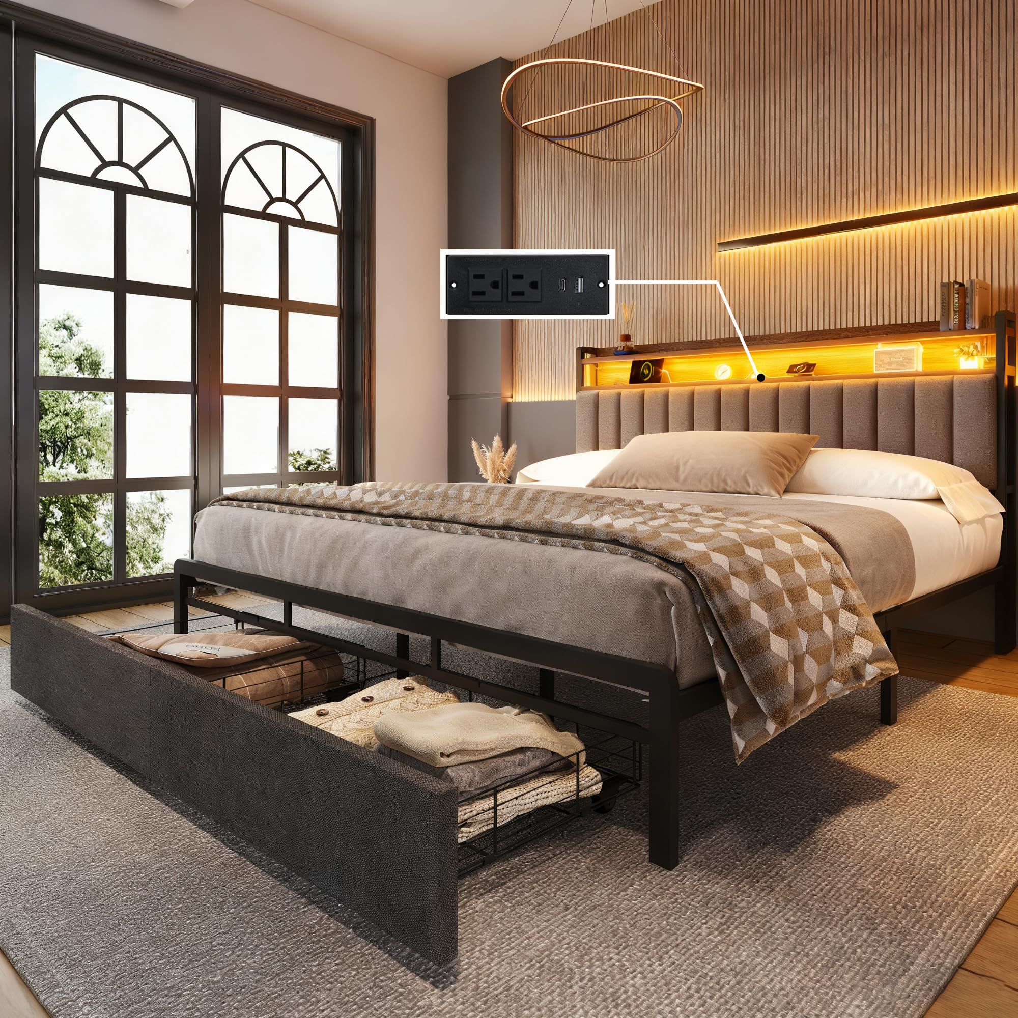 Upholstered Full Size Bed Frames with 2 Tier Storage Headboard LED Bed Frame with 2 Storage Drawers Grey