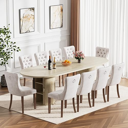 Miniatura 2 de Moderno juego de mesa de comedor extensible de 11 piezas para 10, juego de mesa de cocina ovalada expandible con 10 sillas de terciopelo, mesas de