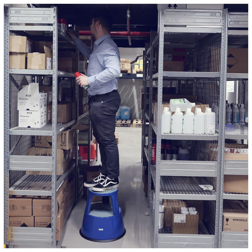 Dönges Rollhocker aus Metall | Bis 150 kg Tragkraft | TÜV & GS geprüfter Tritthocker für Büro, Gewerbe & Heim | Elefantenfuß, Hocker in blau
