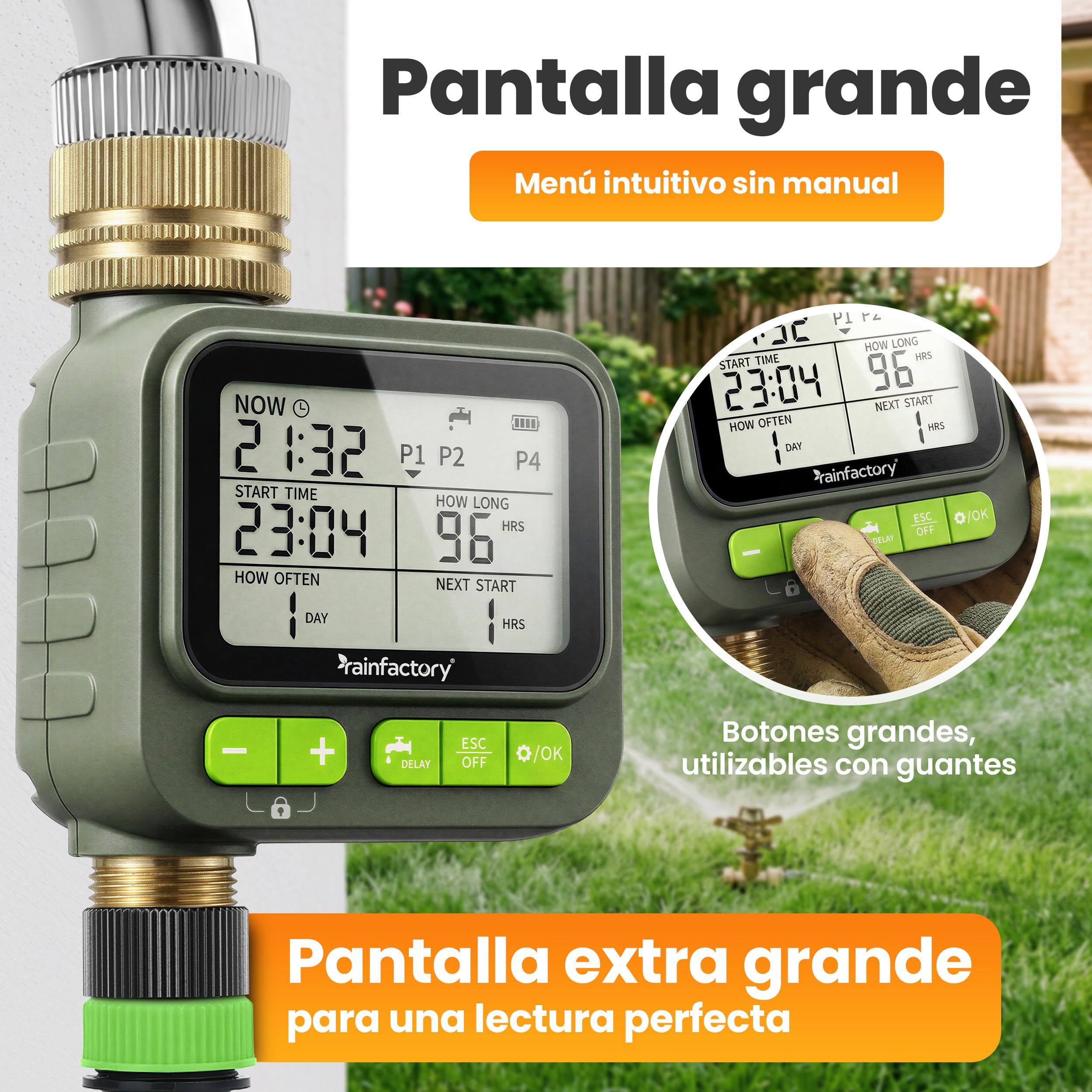 rainfactory - Programador de riego automático 1 Salida, Temporizador riego a Pilas IP65 con Pantalla LCD, 4 programas, Manual, función delay, conexión ¾ para jardín, balcón, macetas, riego por Goteo