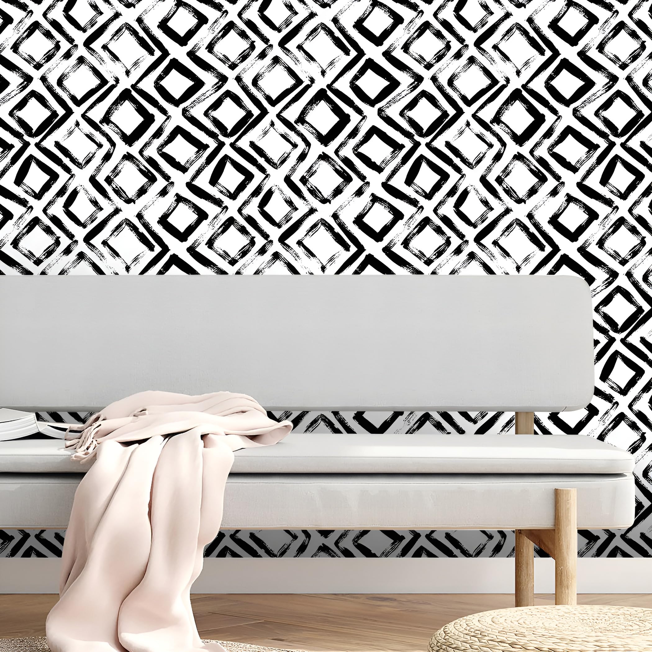 Yumeihoe Modern Rectangle Pattern Wallpaper Black White Removable Contact Paper Vinyl Geometric Peel and Stick Wallpaper for Bedroom Living Room Bathroom - Image 3