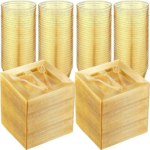 Miniatura 1 de Mifoci Juego de vajilla desechable de plástico de 300 piezas para fiestas, 100 platos de plástico con purpurina de 6.5 pulgadas con 100 tenedores de