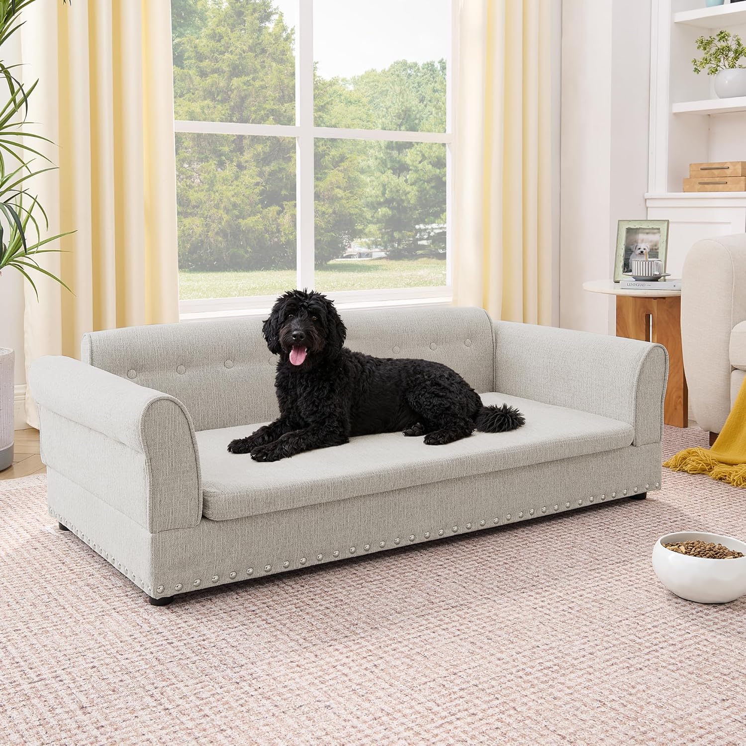 55" Large Dog Sofa Couch for Dogs, Elegant Pet Sofa with Backrest & Armrest, Dog Couches with Foam Cushion for Living Room, Button Tufted, Durable Linen Pet Couch (Beige)