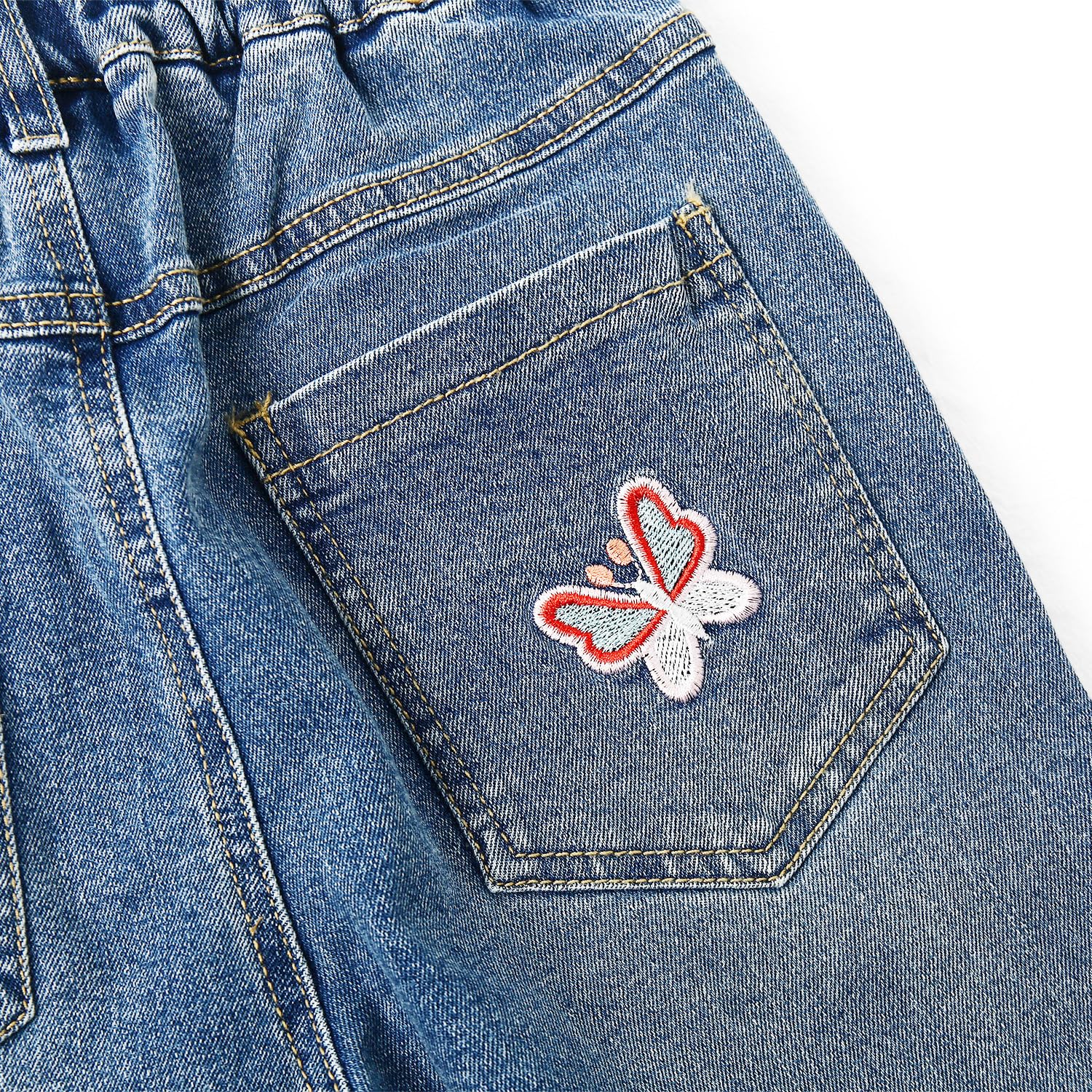 KIDSCOOL SPACE Jean Fille, Ceinture Élastique, Denim Stretch Brodé, Bleu