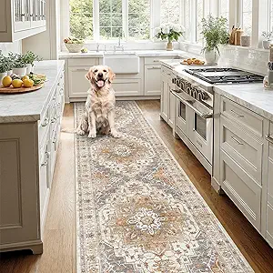 Madane 3x12 Hallway Runner Rug, Non Slip Washable 12ft Runner for Hallways Soft Vintage Kitchen Rugs Low-Pile Thin Floor Carpet Runner for Entryway Bathroom Bedroom, Turmeric/Grey