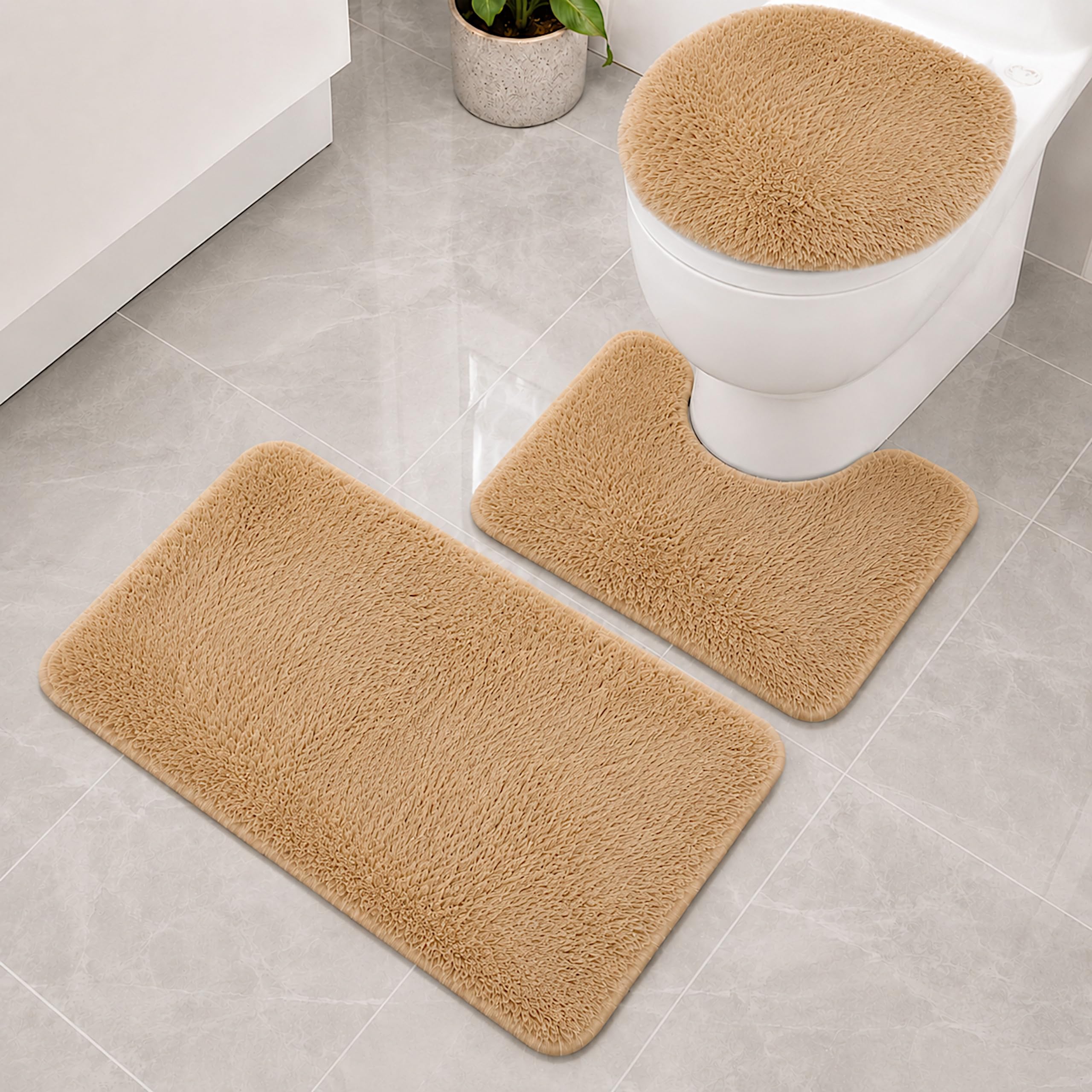 Badematten Set 3 teilig antirutsch - 50 cm x 80 cm 50 cm x 40 cm und WC Deckelbezug 40 cm x 45 cm - Beige Badteppiche aus Polyester - 20 mm Flor für Bad Dusche und Gäste WC