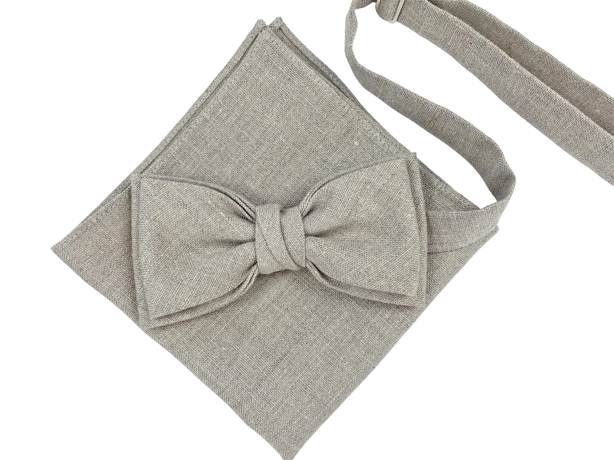 Leinen Fliege, Hosenträger, Einstecktuch für Herren, Voll Einstellbar, Viele Farben (Nr.17 Natürliche Melange, e) Fliege, Einstecktuch und Hosenträger)