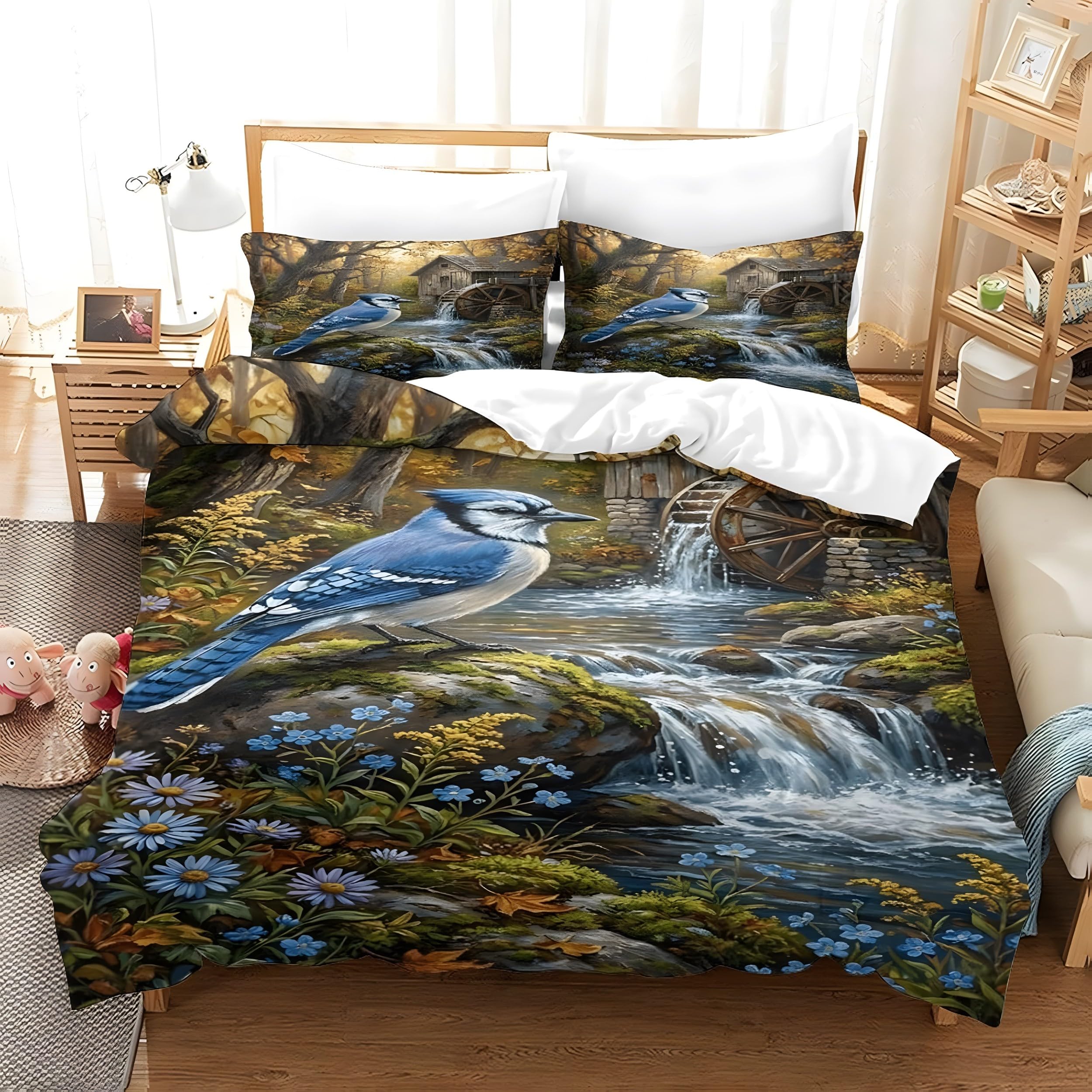 YZQGLHP Blue Jay & Florals Long Double Duvet Cover Set 200x220cm Waterfalls Soft Microfiber Bedding, Lightweight Quilt Cover with Zip Closure & 2 Pillowcases 50x75cm