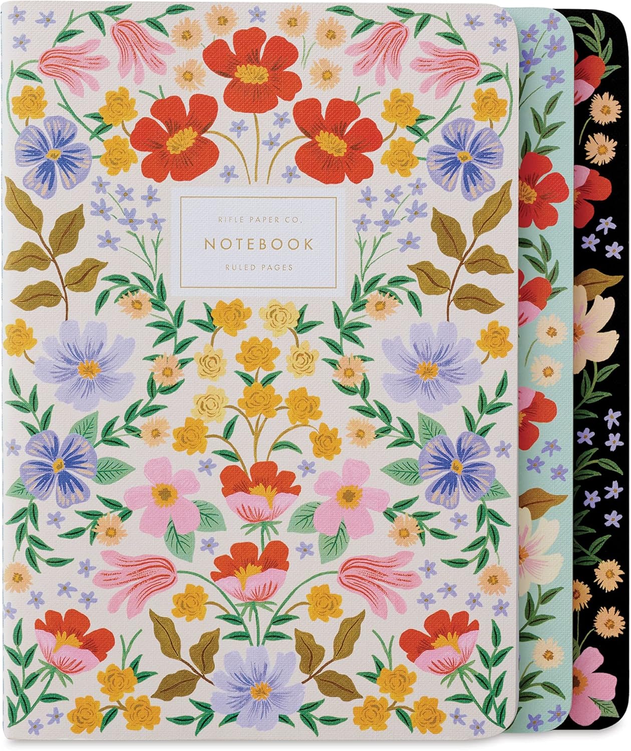 RIFLE PAPER CO. Bramble Stitched Notebook Set, Assorted Set of 3 Notebooks, 64 Ruled Pages with Gold Ink, Canvas Paper Cover with White Text Paper Interior