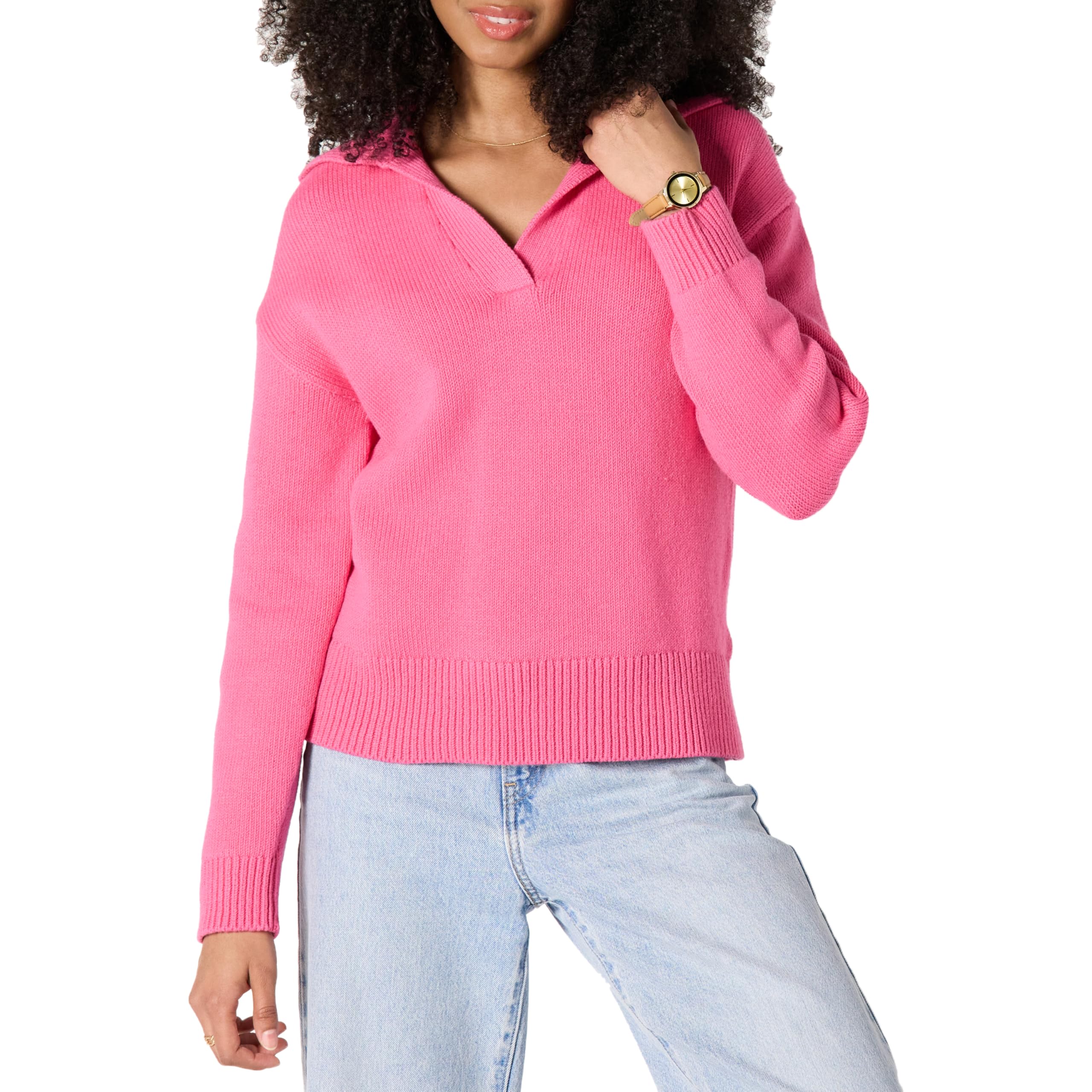 Amazon Essentials Women's Relaxed-Fit Heavyweight Cotton Long Sleeve V Neck Polo Pullover Sweater, Hot Pink, Small