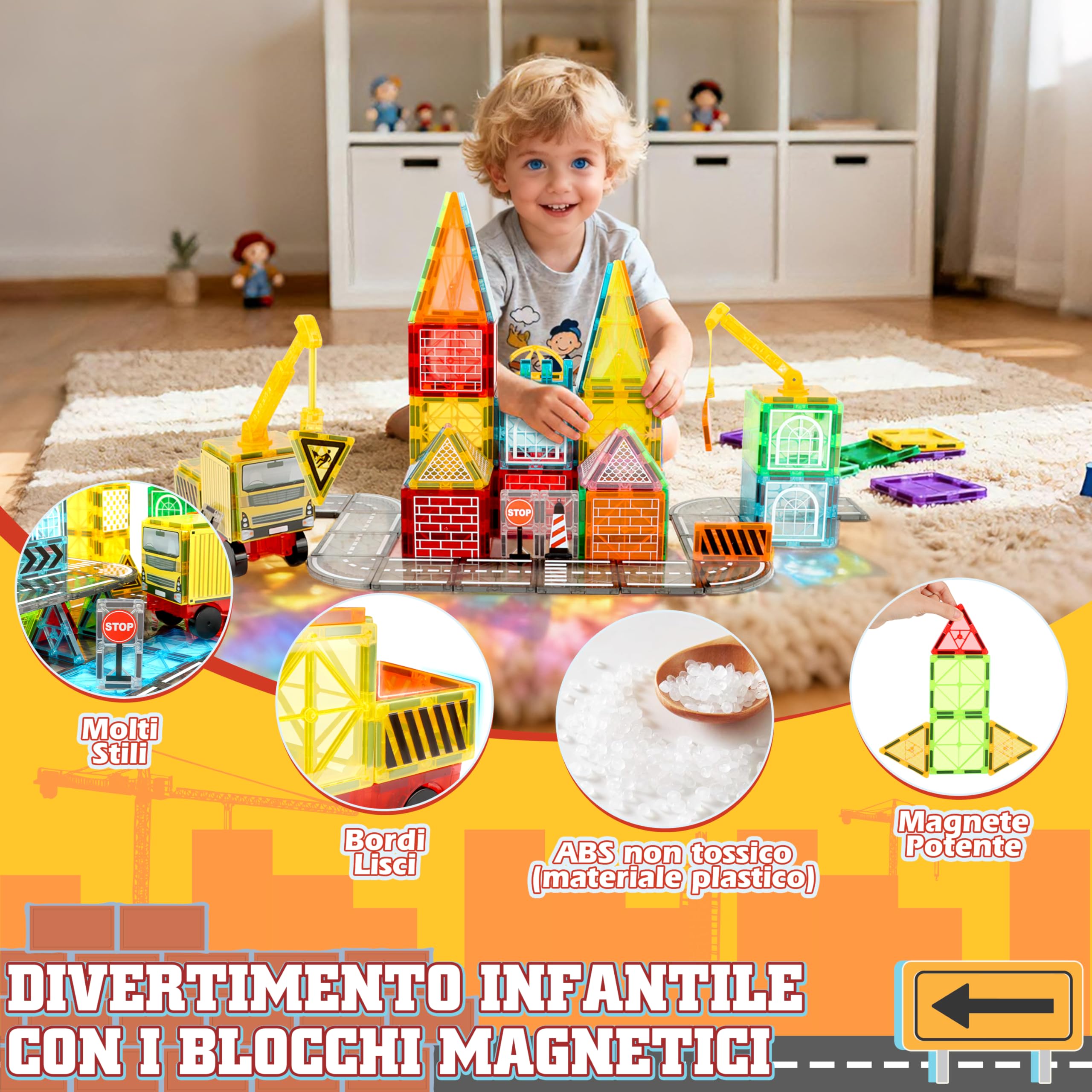 YOOHBERRYS Costruzioni Magnetiche Strada, Costruzioni Magnetiche per Bambini 100 pezzi con Gru e Building, Tessere Magnetiche Blocchi Magnetici Giocattoli Tiles Magnetic 3 4 5 6 anni