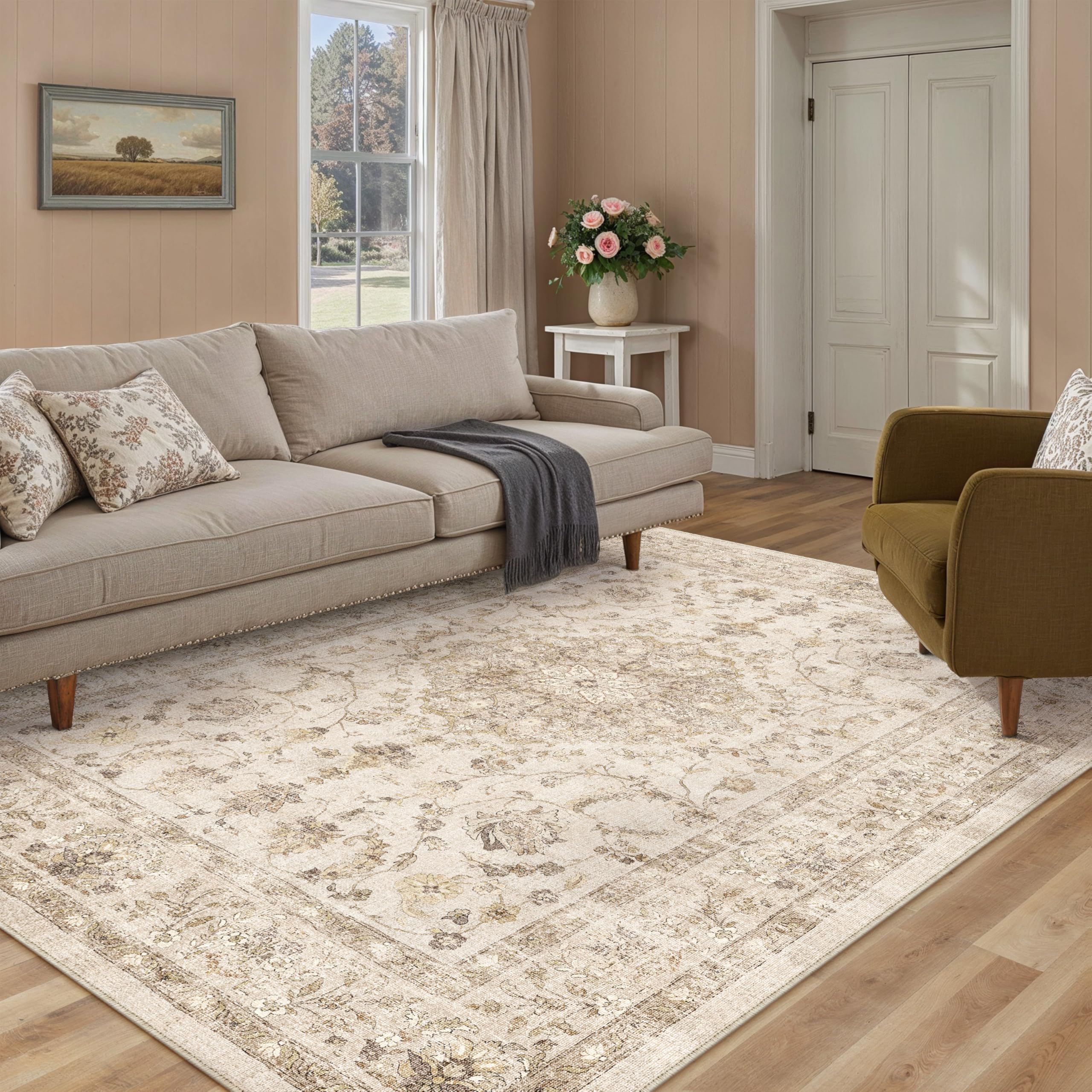 PureCozy Washable Beige Living Room Rug, 140 x 200 cm, Vintage Rug for Living Room, Short Pile, Non-Slip, Soft, Retro Boho Carpet for Kitchen, Bedroom, Office, Dining Room, Bedroom — image 1