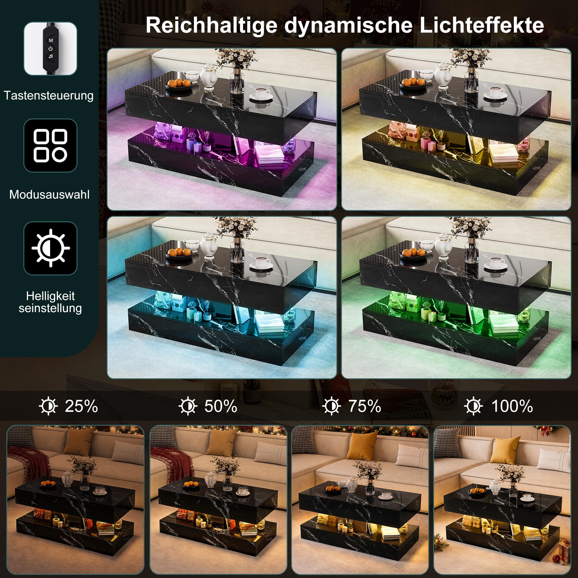 Couchtisch Hochglanz mit Led, Helligkeit und Farbe Einstellbar, Wohnzimmertisch Modern mit Stauraum, Kaffeetisch Wohnzimmer mit Offenem Ausstellungsregal und 2 Schubladen (Schwarz, 100 x 50 cm)