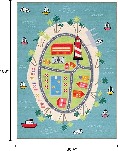 Miniatura 10 de SAFAVIEH Alfombra infantil de la colección Playhouse de 7 pies 9 pulgadas x 10 pies, azul y verde, no desprende pelusa, lavable a máquina y