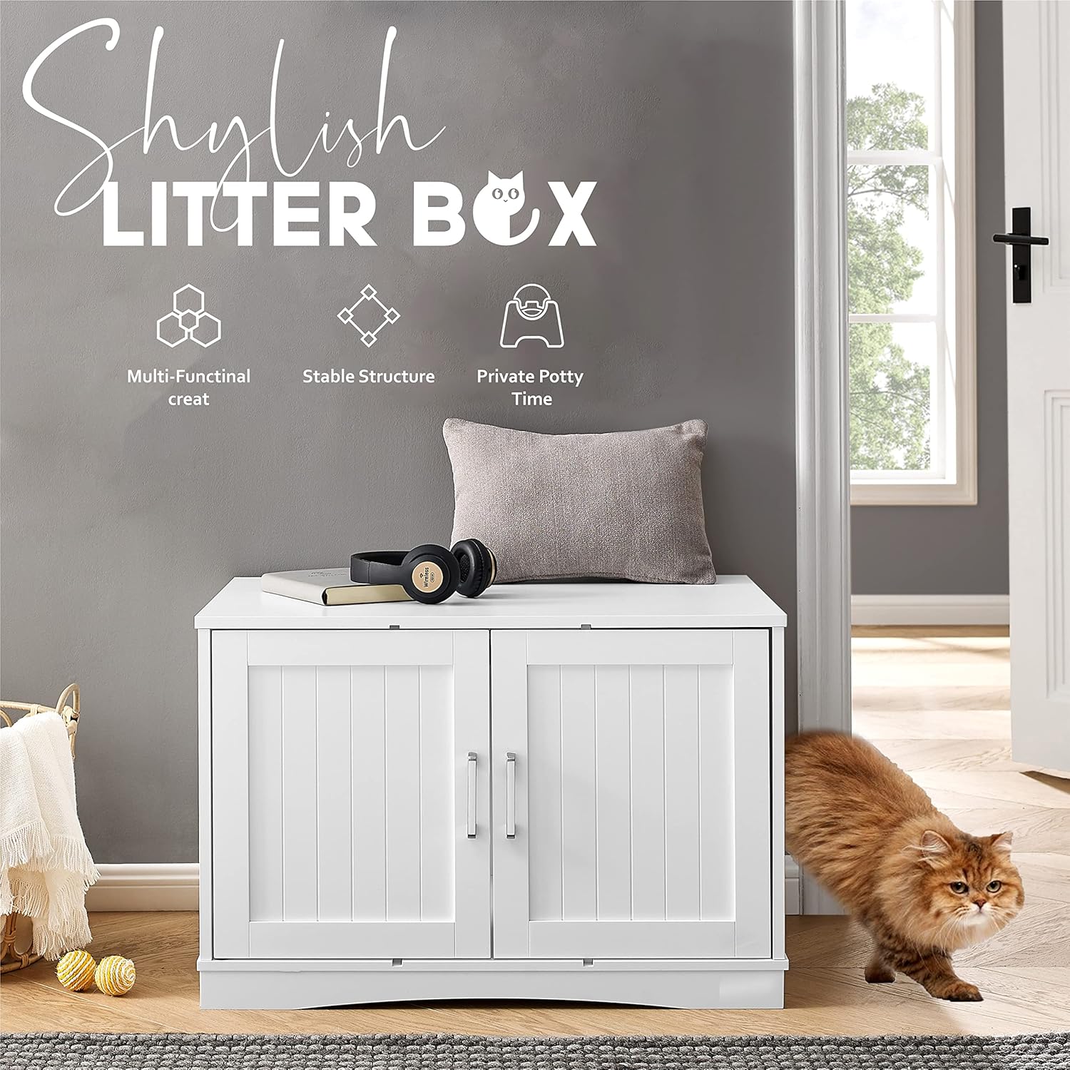 Designer Cat Washroom Storage Bench Cat Litter Box Enclosure Furniture Box House with Table, Spacious Storage, Easy Assembly, Fit Most of Litter Box (White)
