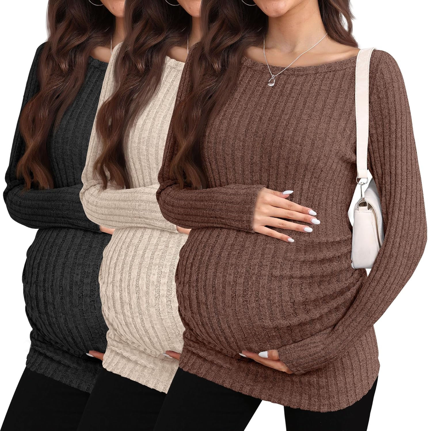 3 Pack Maternity Sweaters Long Sleeve Ribbed Maternity Shirts Lightweight Stretch P...