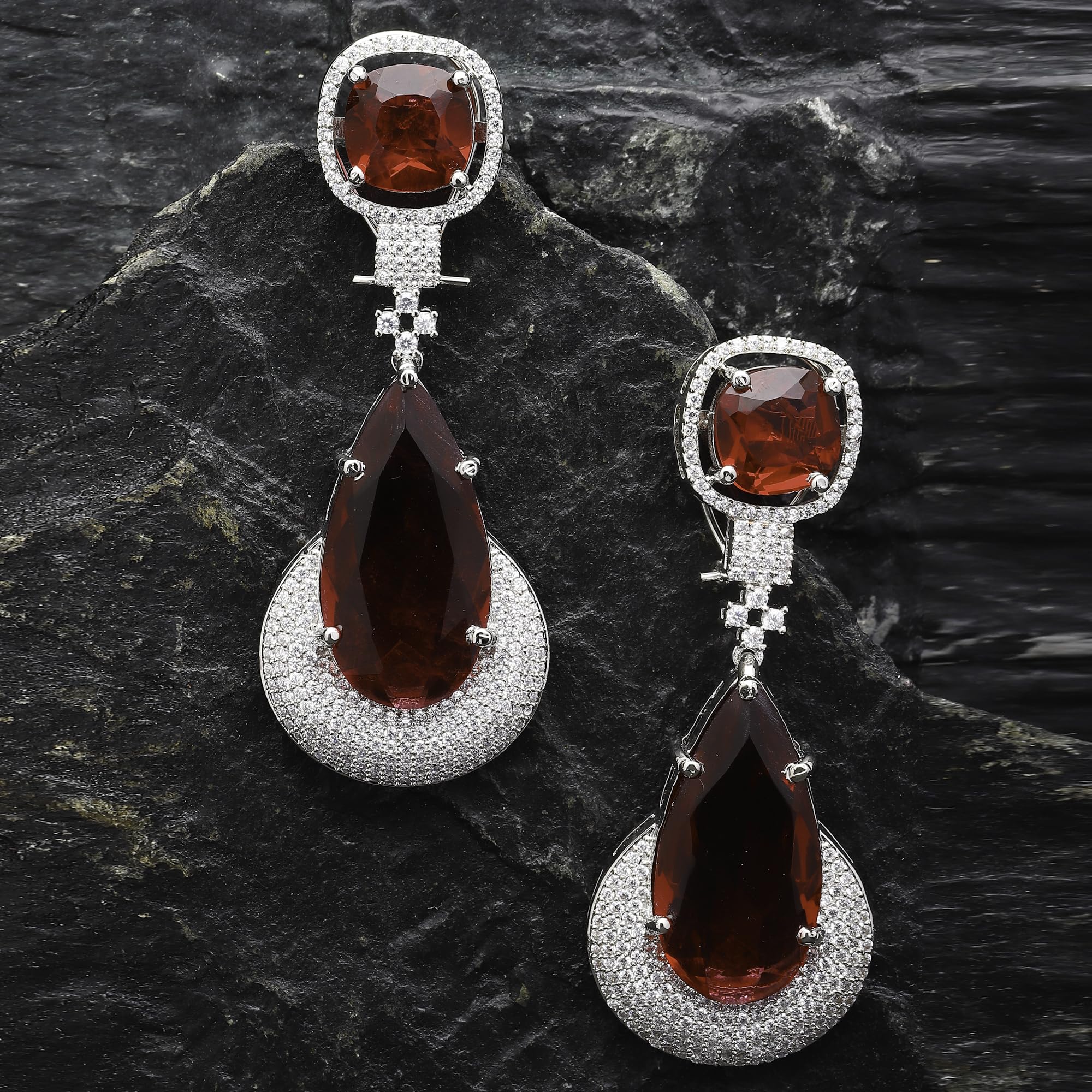 Rhodium-Plated American Diamond Teardrop Drop Earrings
