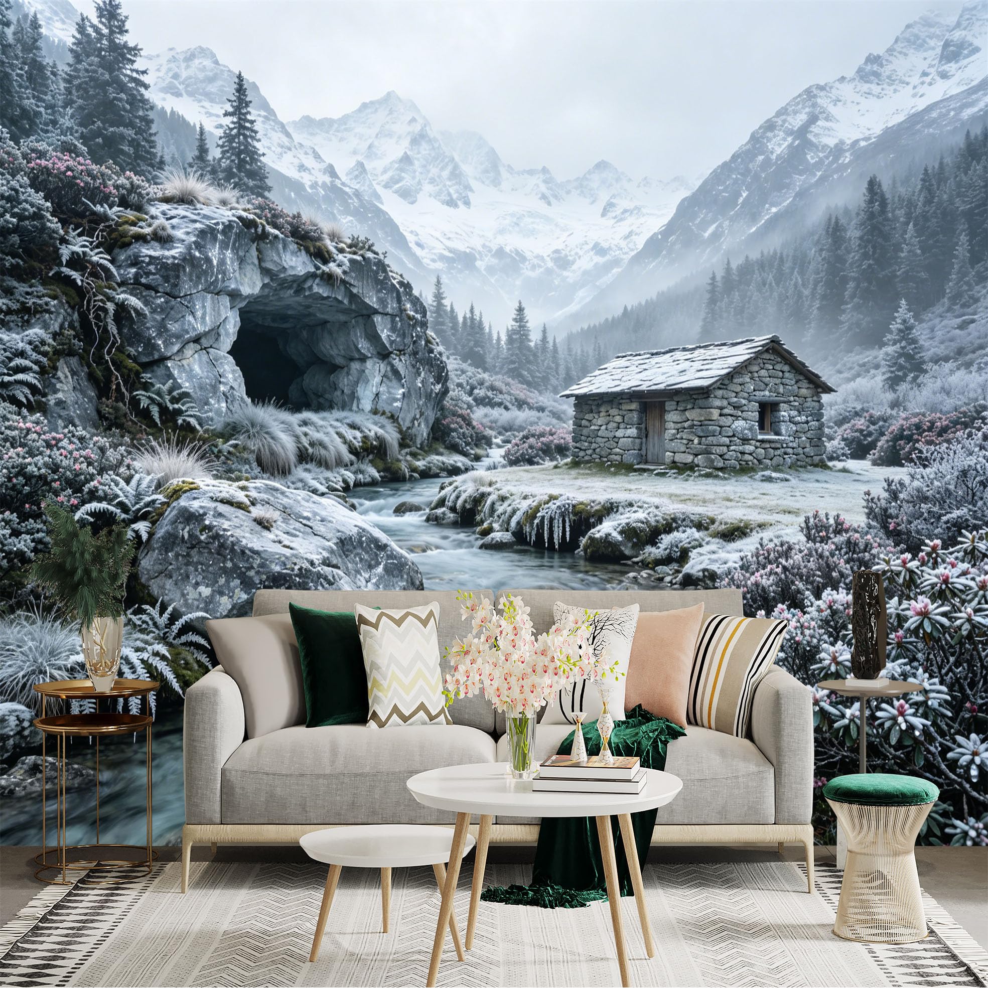 Custom Size Wall Sticker Mural， Winter Mountain Cabin by River with Snowy Forest Landscape， for wall Decoration， peelandstick wall Decals.