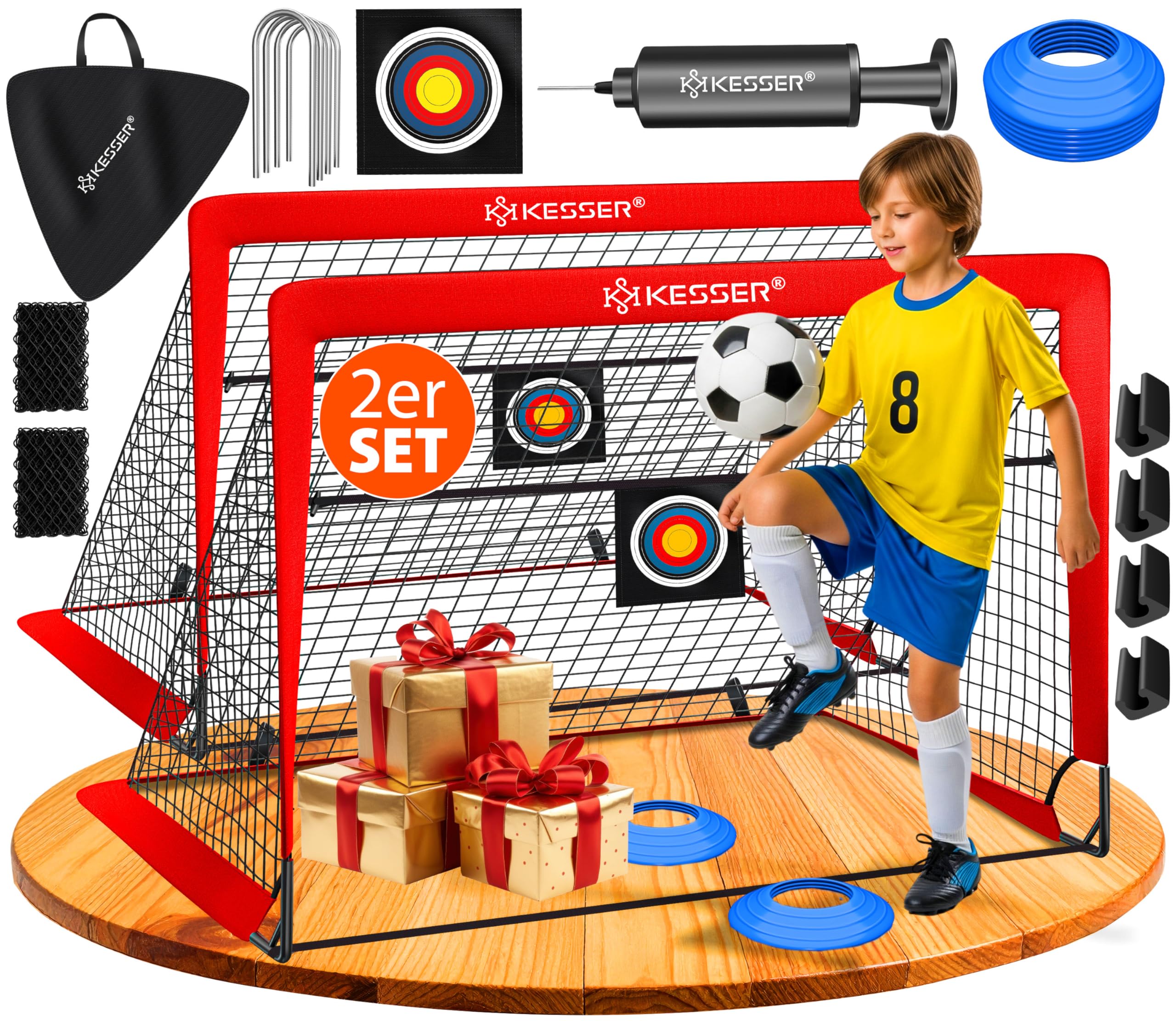 KESSER® Cancelli da calcio per bambini,Set di 2 | Porte da calcio pieghevoli in fibra di vetro per interni, esterni e giardini | Con borsa per il trasporto 6X coni + Pompa,