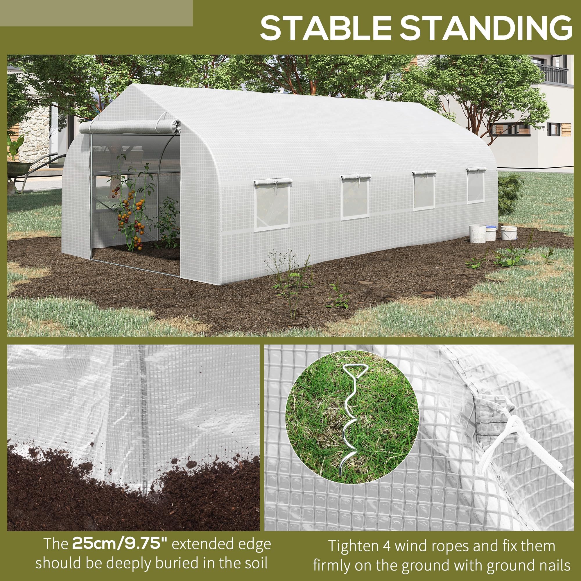 Outsunny 20' x 10' x 7' Walk-in Greenhouse, Tunnel Green House with Zippered Mesh Door and 6 Mesh Windows, Gardening Plant Hot House with Galvanized Steel Frame, White