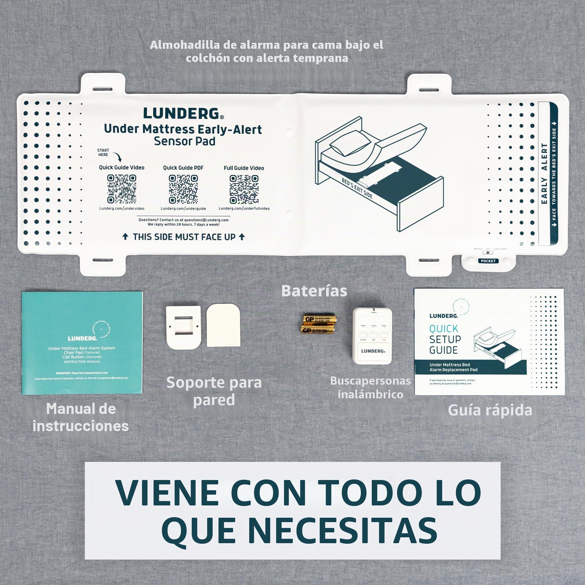 Lunderg Alarma de cama inalámbrica debajo del colchón para adultos mayores, almohadilla de sensor con alerta temprana y localizador