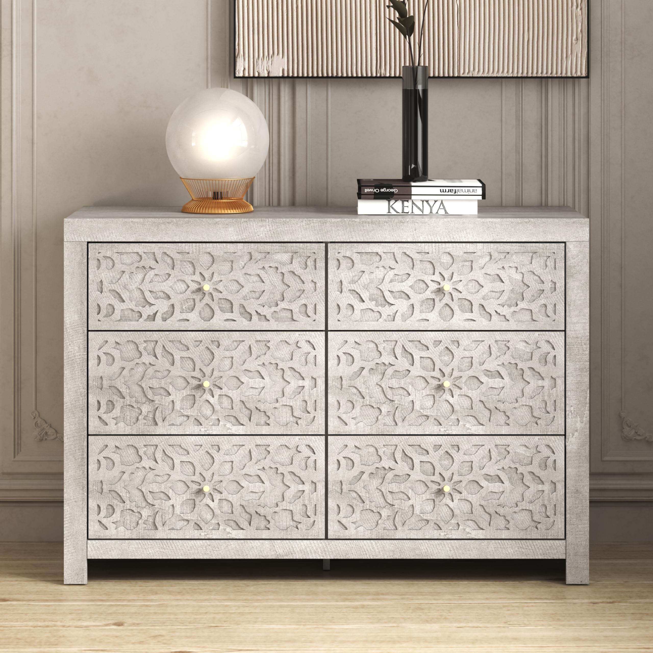 Galano Avaro 6 Drawer Dresser Wooden Bedroom Furniture Large Dresser with Drawer Organizer Laser Cut Design 45.35" D x 16.06" W x 31.73" H Dusty Grey Oak