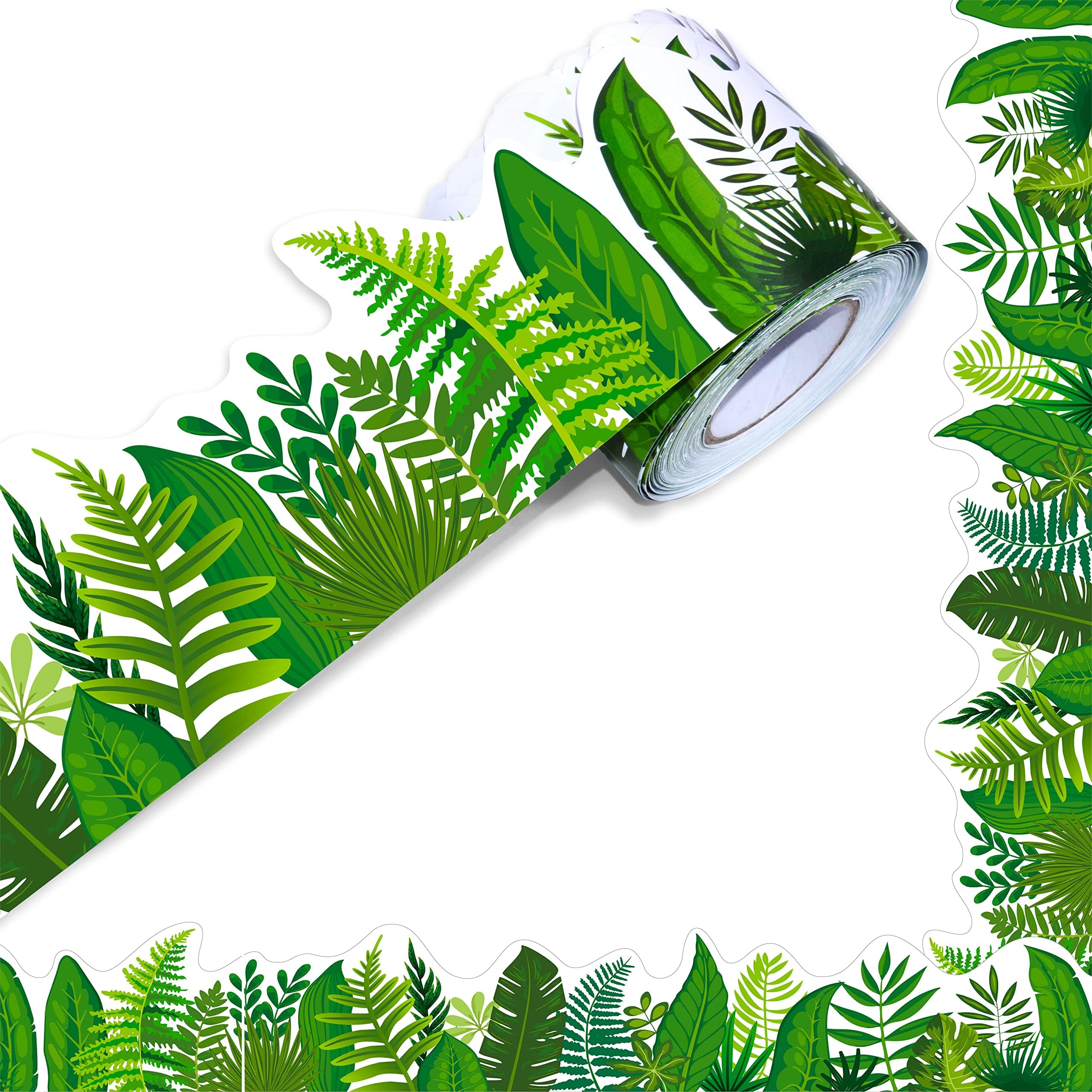ERKE 60 Feet Bulletin Board Borders, Scalloped Rolled Border Trim with Tropical Leaves Patterns for School, Classroom & Offices