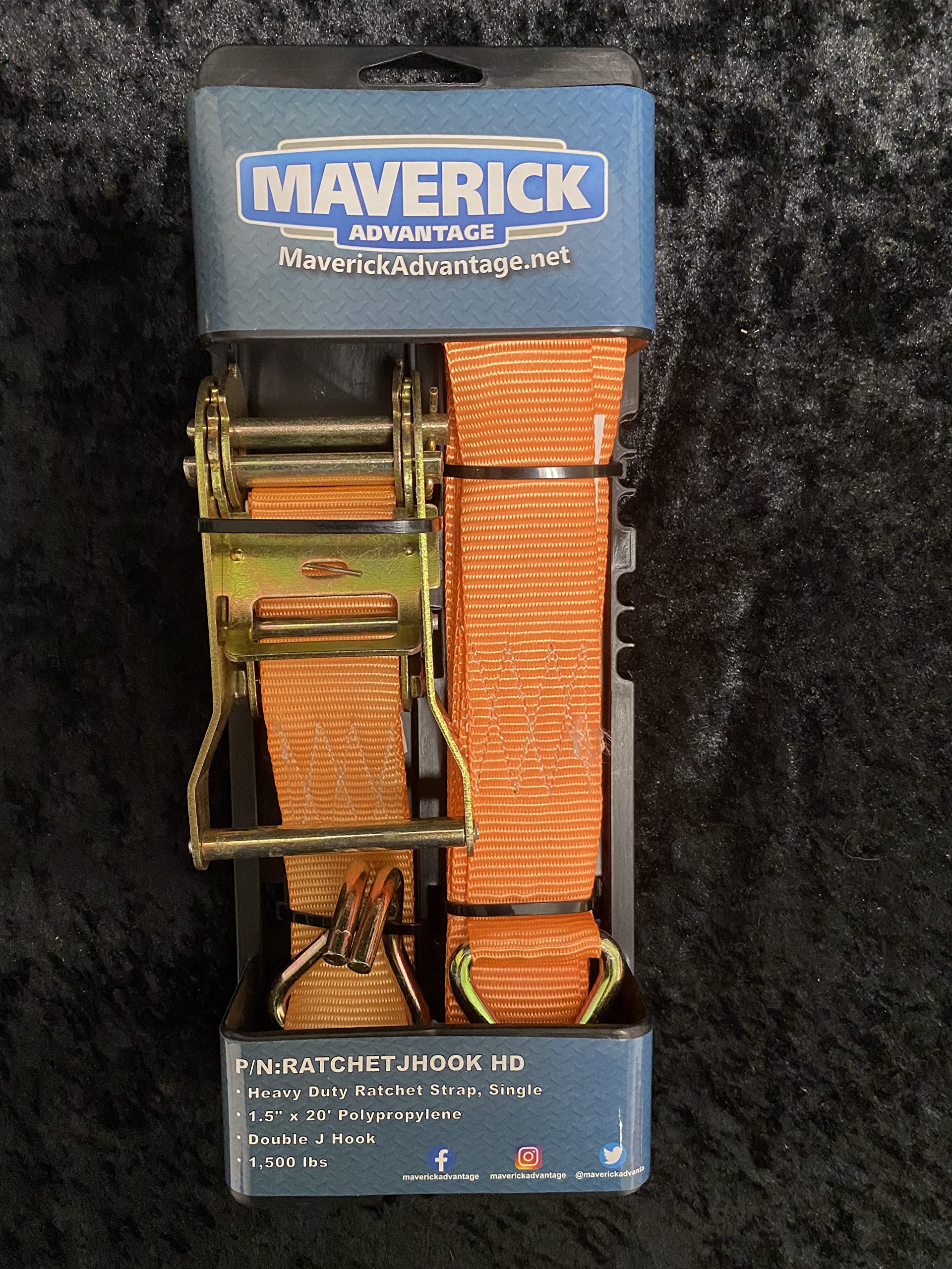 Maverick AdvantageRatchet Tie Down Strap - (1Pk) 1.5" x 20' 1500 Lb Break Strength - Cargo Tow Strap with Double J Hook for Securing Appliances, Motorcycles, Trailers