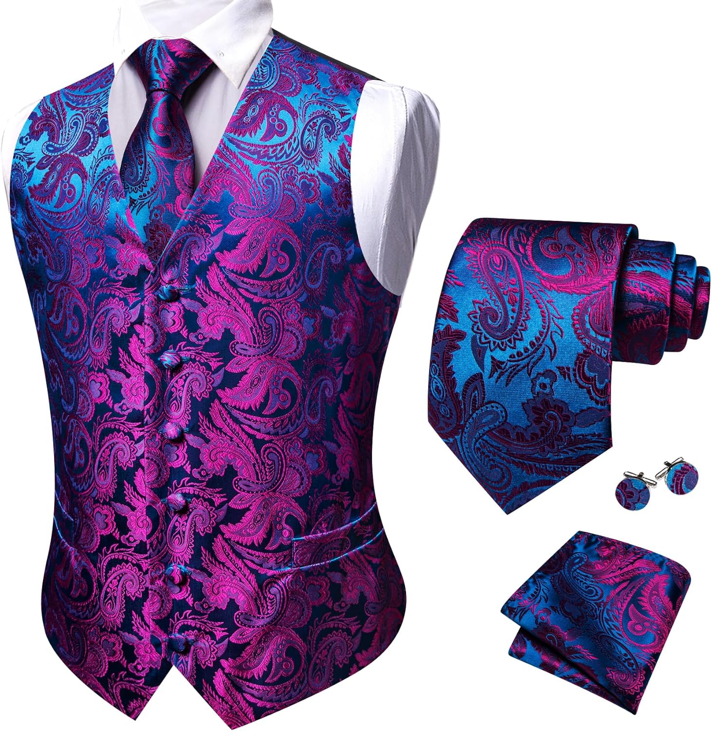 Barry.Wang Men's V-Neck Suit Vest Solid Paisley Waistcoat Silk Tie Hanky Cufflink Clip Set Wedding Party Business Formal - Image 3