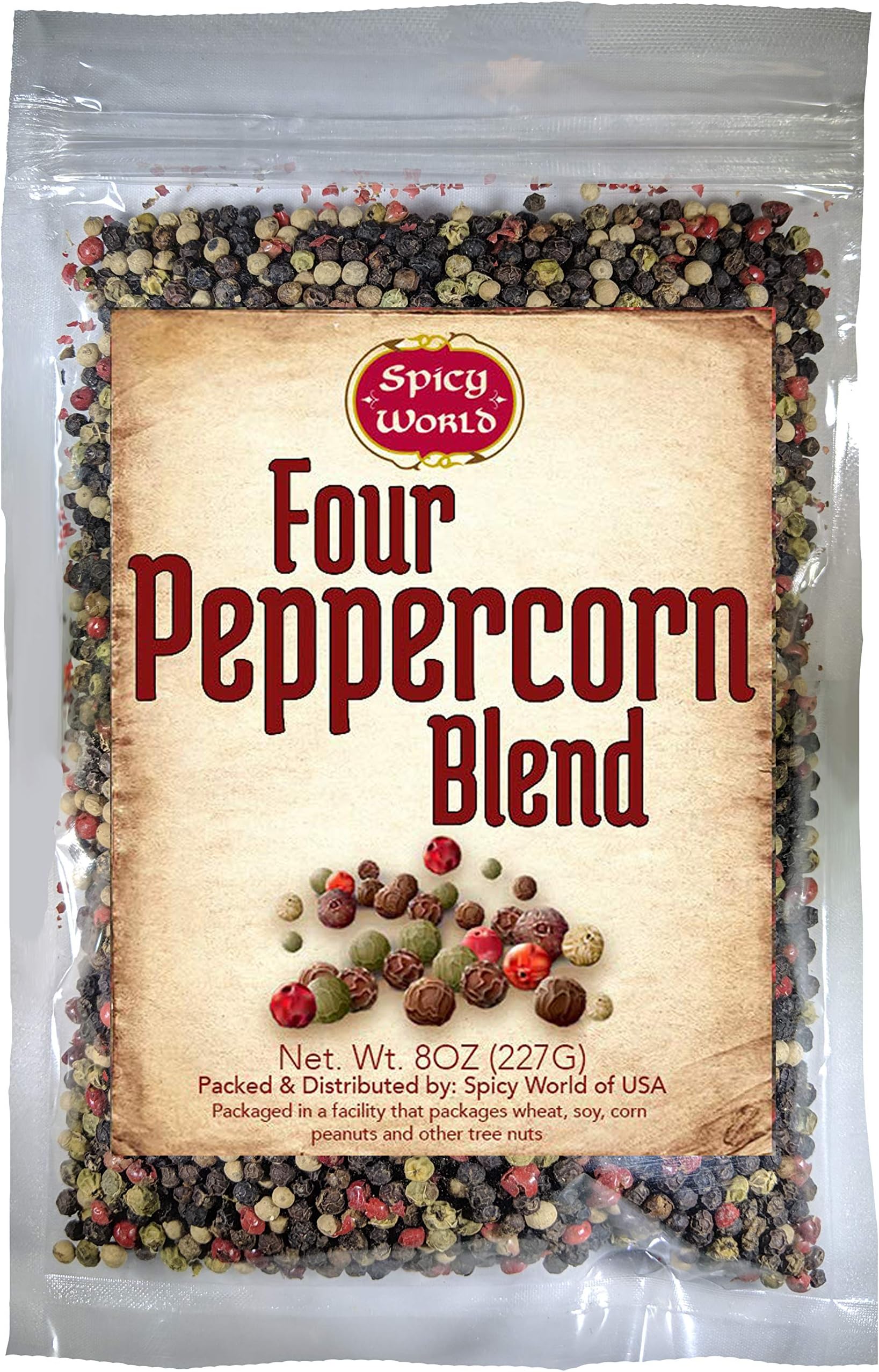 Spicy World Four Peppercorn Rainbow Blend in Resealable Bag – Perfect Flavor Blend - NON-GMO, Steam Sterilized - Whole Black, Whole Green, Whole White & Whole Pink Peppercorns, 8 Oz
