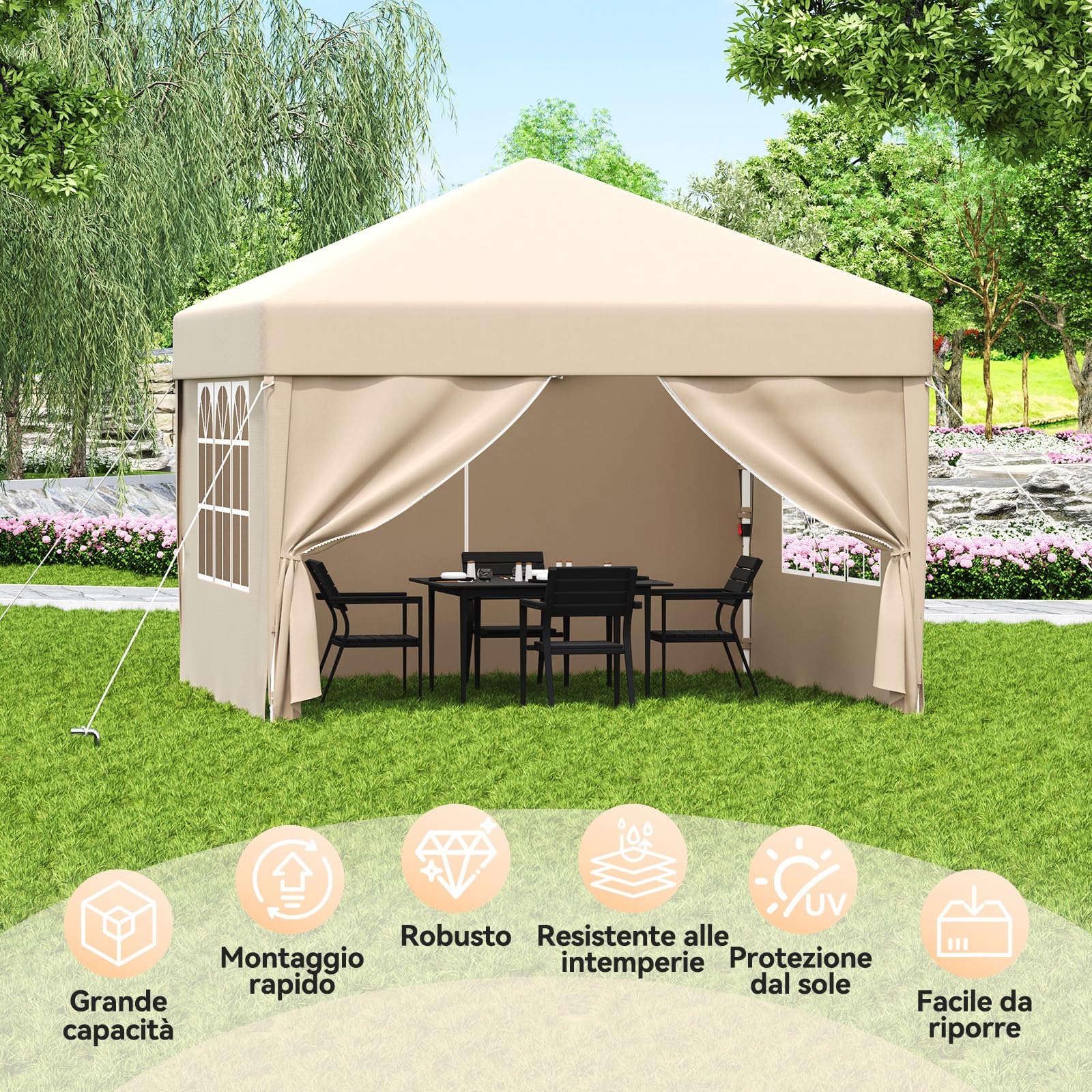 Devoko Gazebo 3x3 Pieghevole Impermeabile UPF50+ 3 Altezze Regolabili, 4 Pareti Rimuovibili, da Giardino per 8-10 Persone, Beige