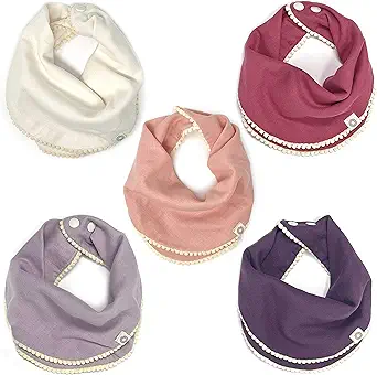 Kishu Baby Indi - GOTS Organic Pom Pom Bibs for Girls - Set of 5 Super Soft Muslin Baby Drool Bibs with Snaps