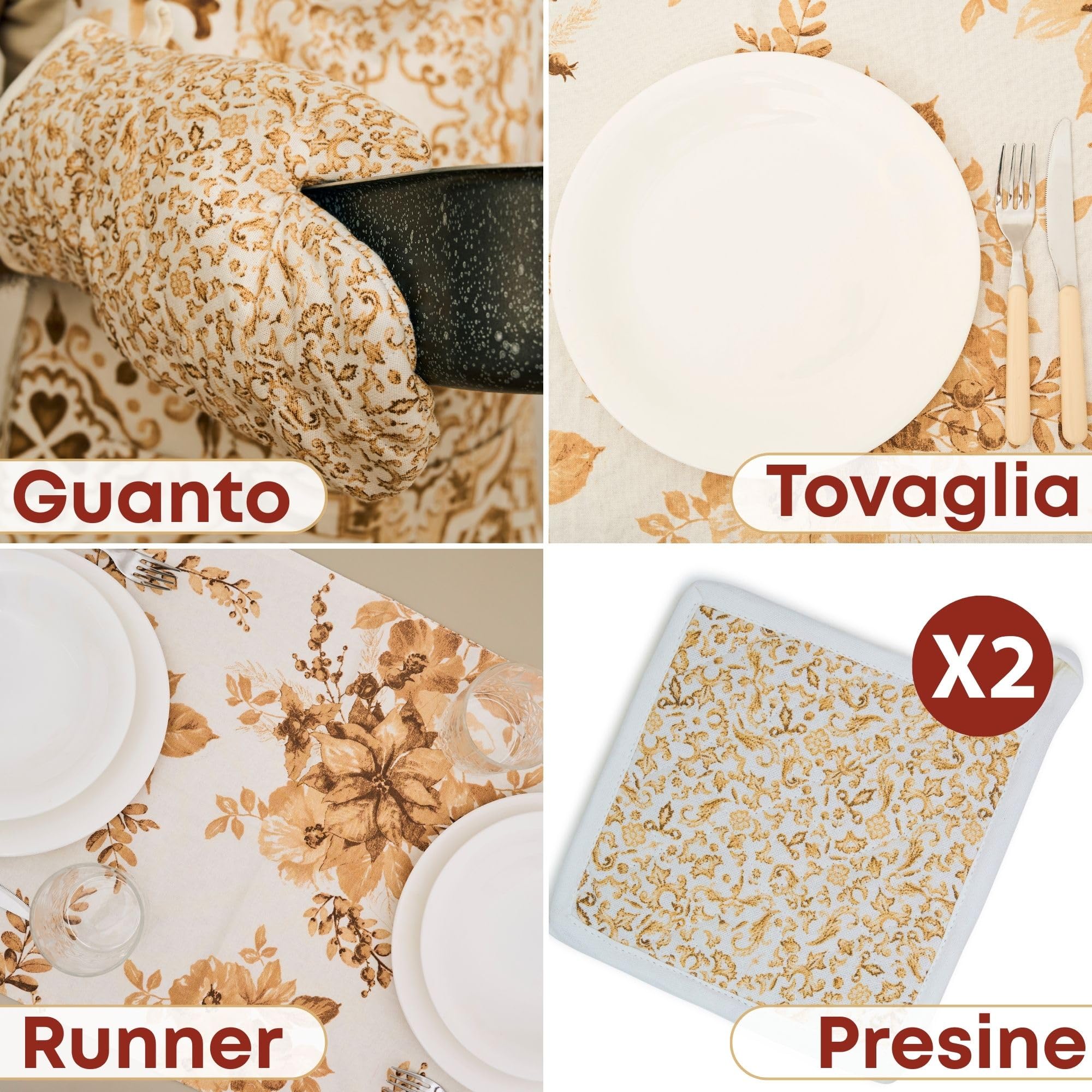 NAMAI - Set 7 Pezzi Excalibur Fiori, 100% Cotone, Lavabili in Lavatrice, Resistenti al Calore, Tovaglia Cotone 140x180, Runner Tavolo, Set Presine da Cucina e Strofinacci (Set Con Tovaglia 140x240)
