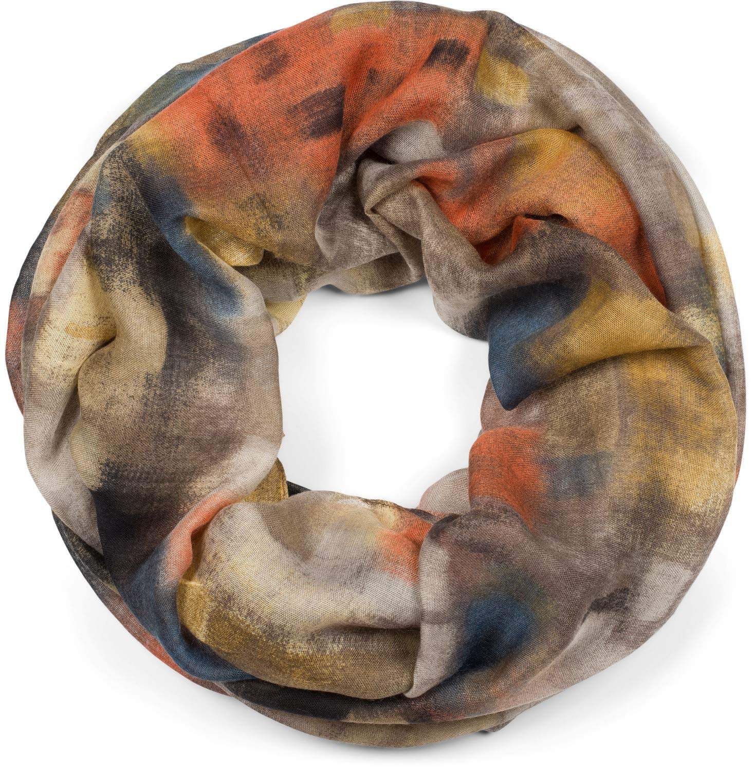 Stylebreaker Women's Orange-Beige-Brown Loop Scarf With Abstract Brushstroke Pattern, Tube Scarf Multicoloured, Cloth 01017130, Colour: