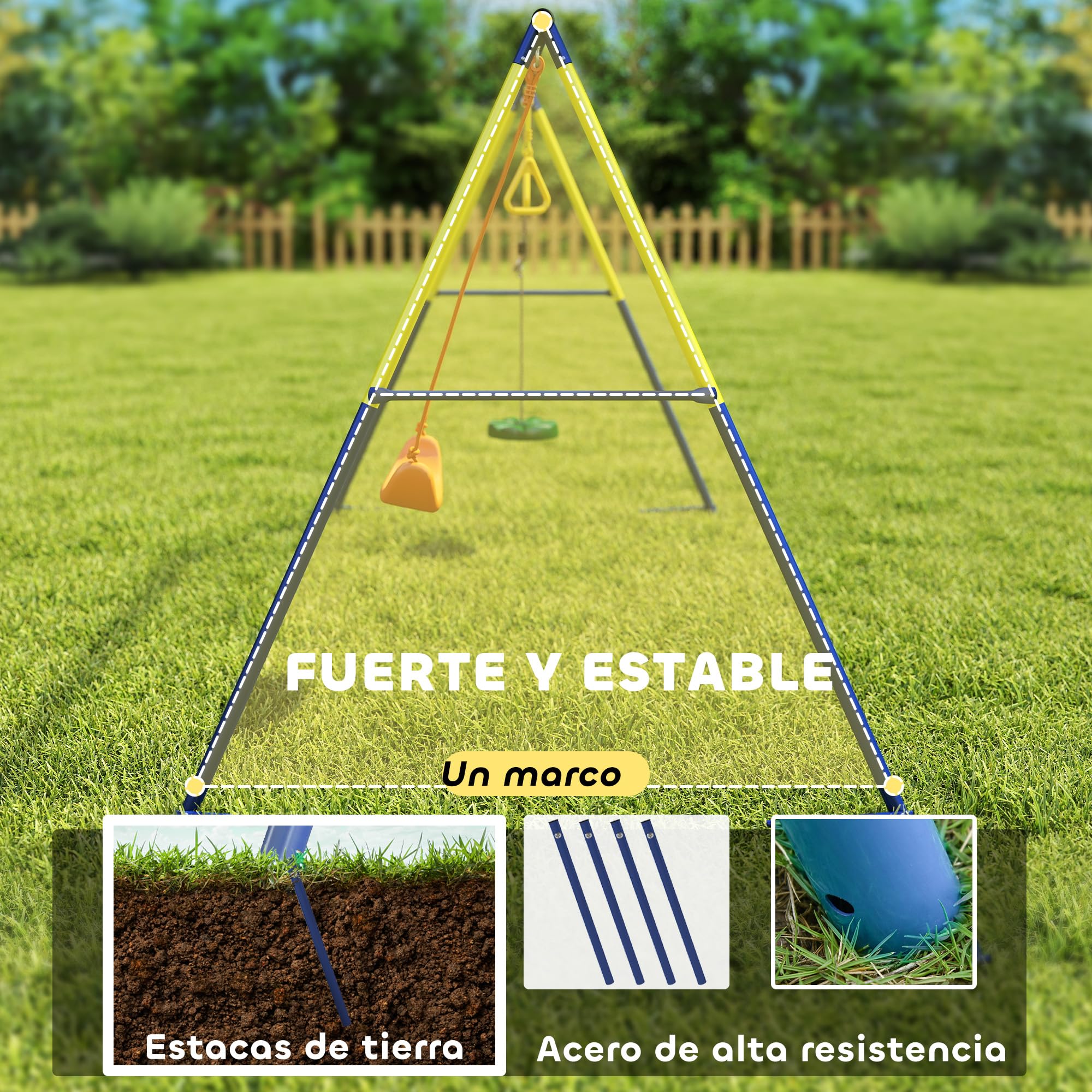 AIYAPLAY Columpio Infantil 3 en 1 de Pie para Niños 3-8 Años Multicolor | Columpio para Niños Clásico, Aros de Gimnasia, Carga 150 kg, Interior, Exterior, Jardín