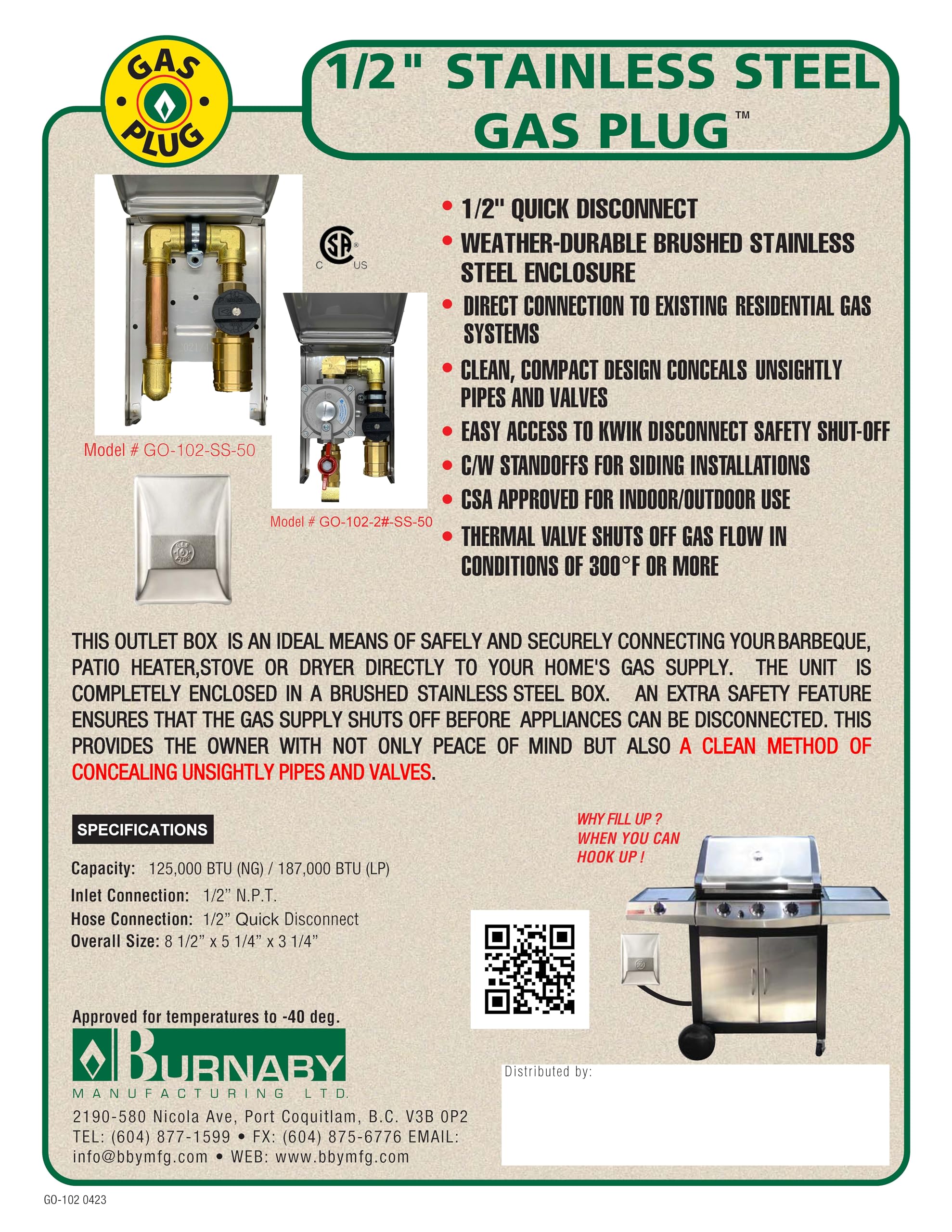 Burnaby Manufacturing Ltd Stainless Steel Gas Plug™, 1/2